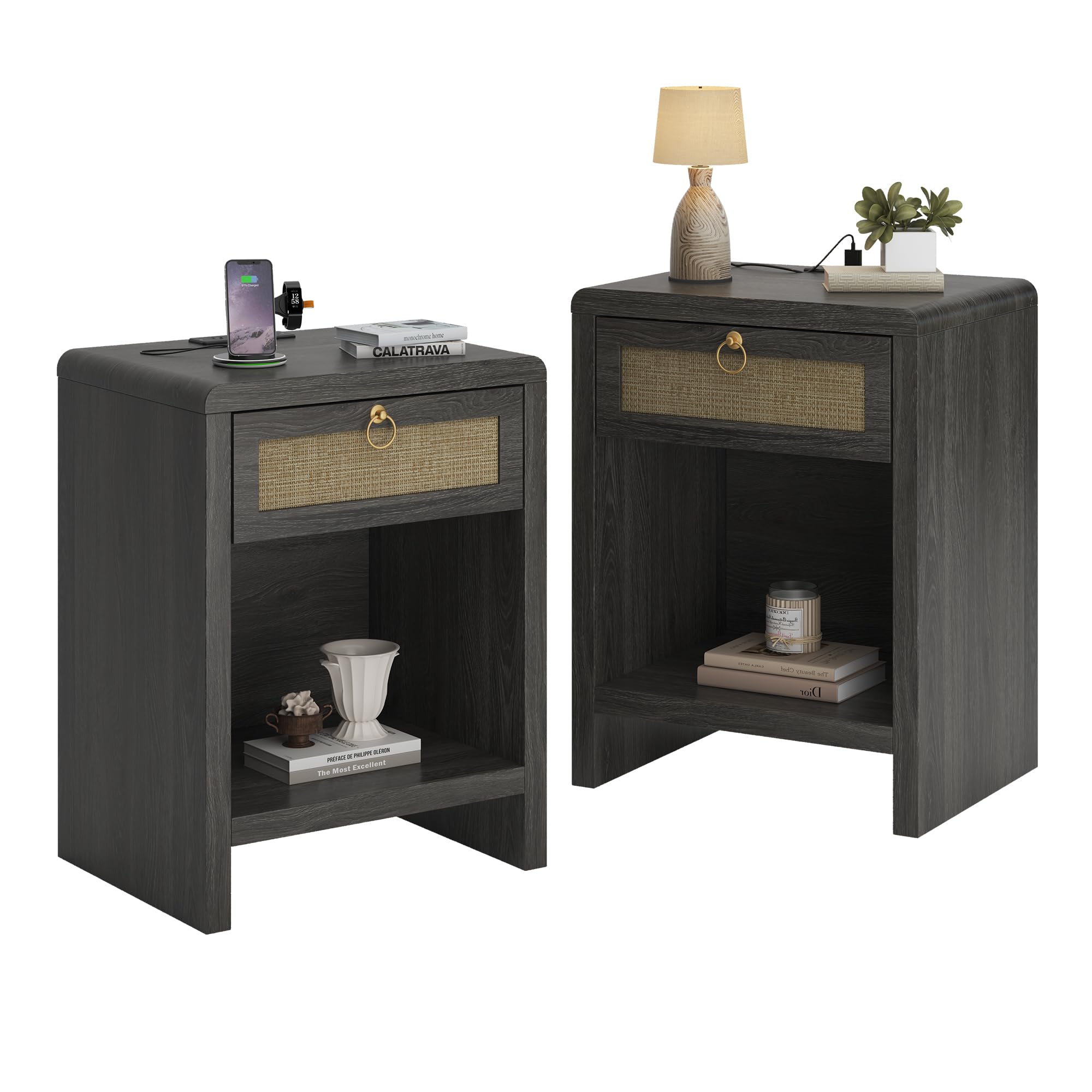 UNIQUITE Rattan Nightstand Set of 2, Nightstand with Charging Station, Boho Bedside Table End Table with Drawer and Storage Shelf, Wood End Table