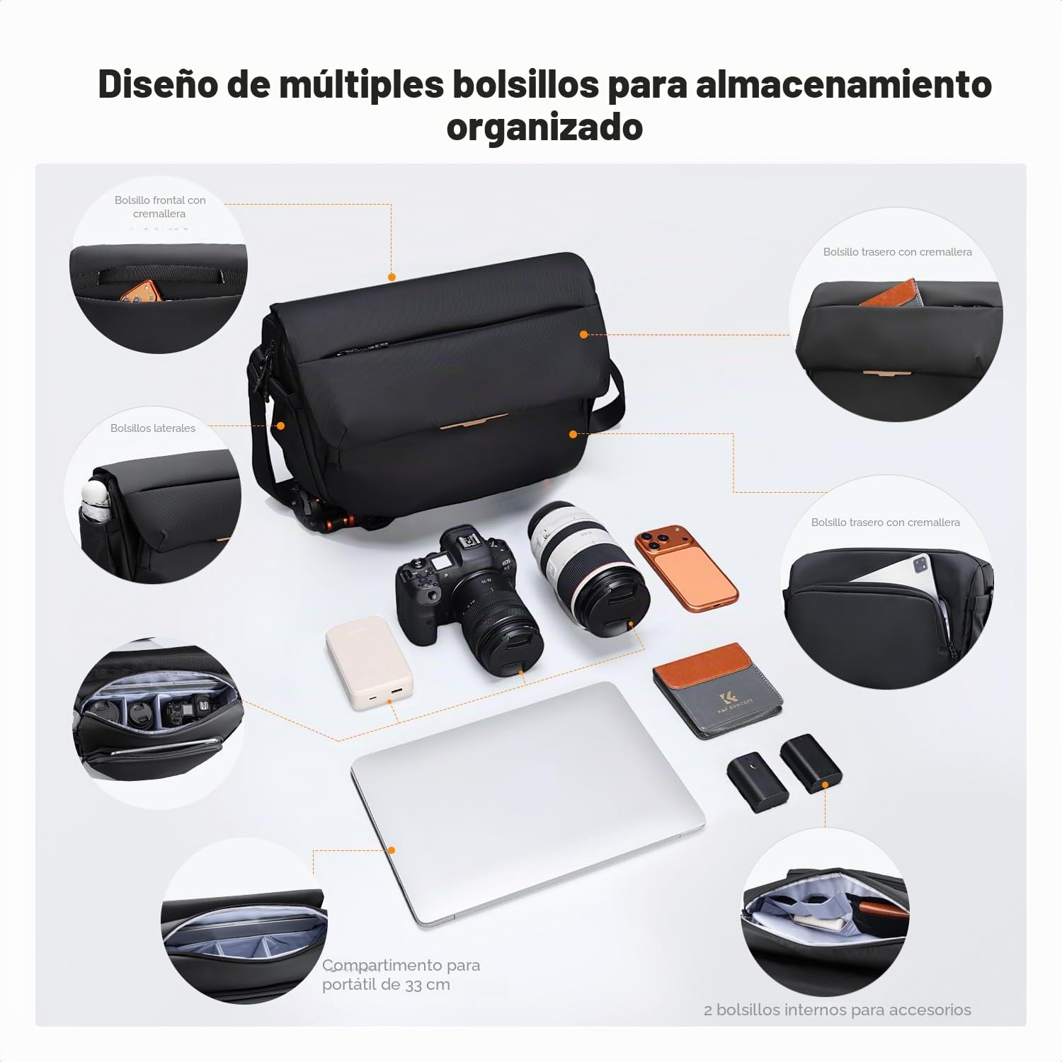 K&F CONCEPT Bolsa para Cámara Sling 15L Gran Capacidad, Funda Impermeable para Réflex, Bandolera Resistente, Compatible: 1 Cámara + Objetivo 70-200mm f/2.8 + Portátil 13 Pulgadas