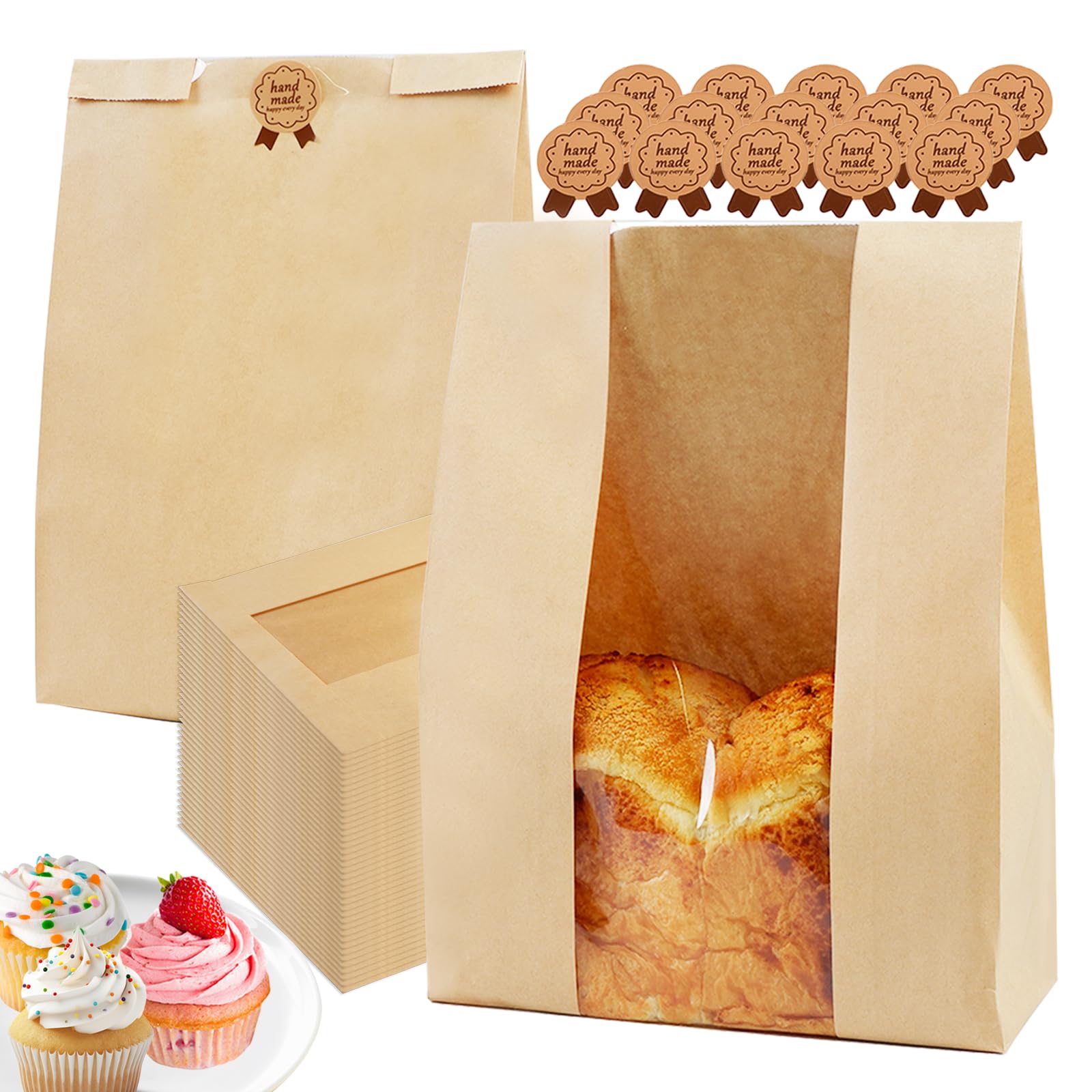 100 Pack Large 14x8.3x3.5in Bread Bags for Homemade Bread, Kraft Paper Bakery Bags with Clear Window & Tin Tie Lock, Thicker Cookie & Snack Storage Bags, Includes 100 Sealing Stickers