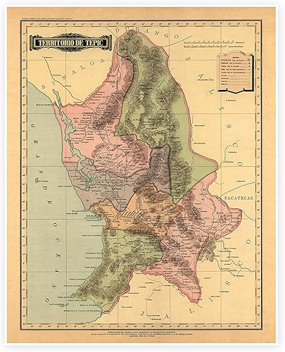 Antiguos Maps Estado Libre y Soberano de Territorio de Tepic de Atlas Mexicano circa 1884  Póster decorativo vintage para pared, 24 x 30 pulgadas