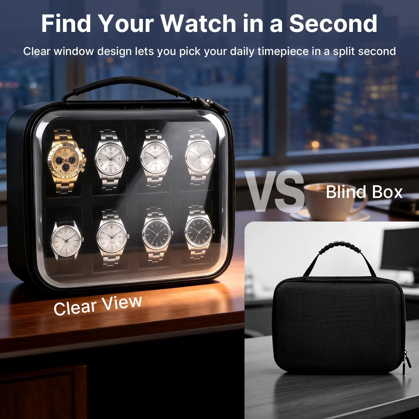 Comecase 8 Slot Watch Travel Case for Man, Clear Lid Hard Shell Watch Box view 2