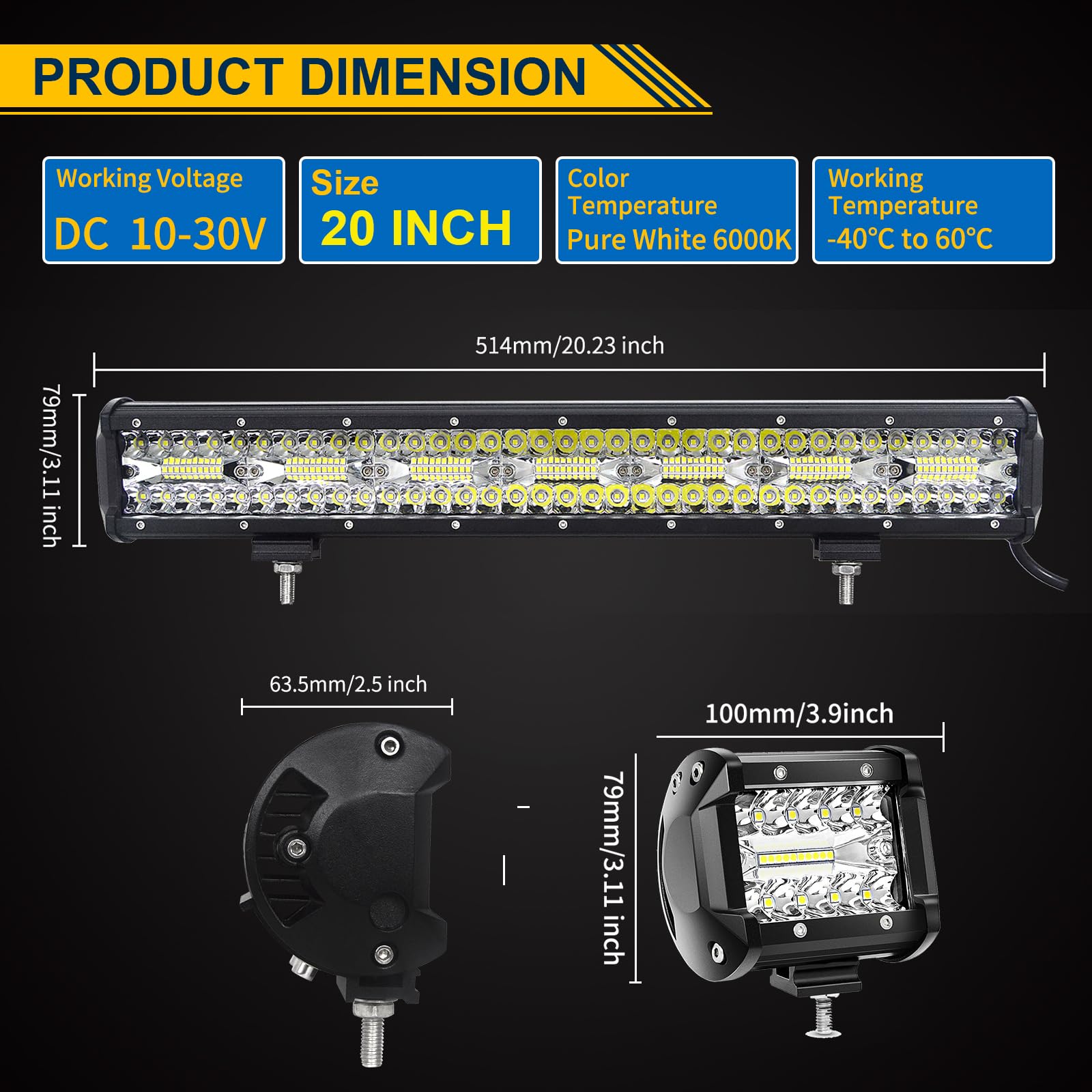 PICAA 20", 420 W LED Lightbar + 2 x 4 36 W reflektor roboczy LED + wiązka kabli, trójrzędowe belki świetlne LED, 12 V, 24 V, do samochodu, offroad, 4 x 4, dodatkowy reflektor punktowy