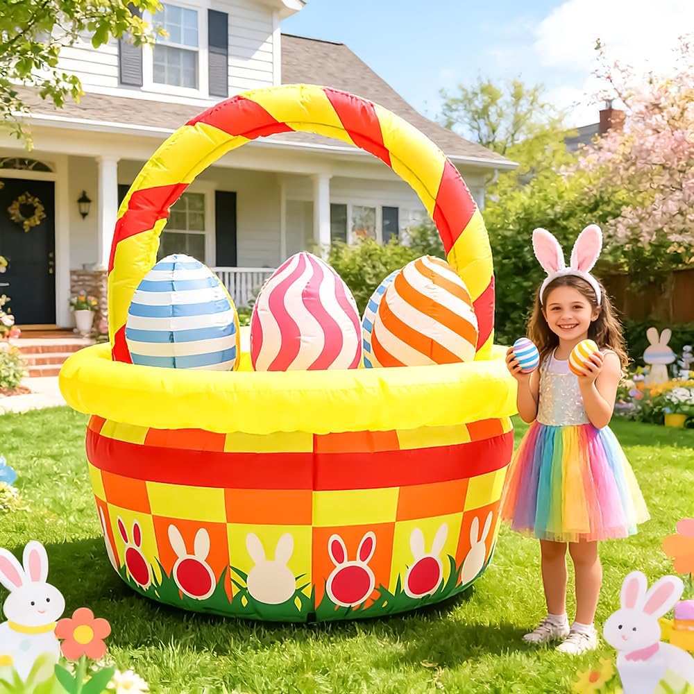 Easter Inflatables Outdoor Decorations - 5 FT Colorful Easter Basket with Eggs Yard Blow Up, LED Lighted Lawn Decor for Spring Holiday Party, Garden