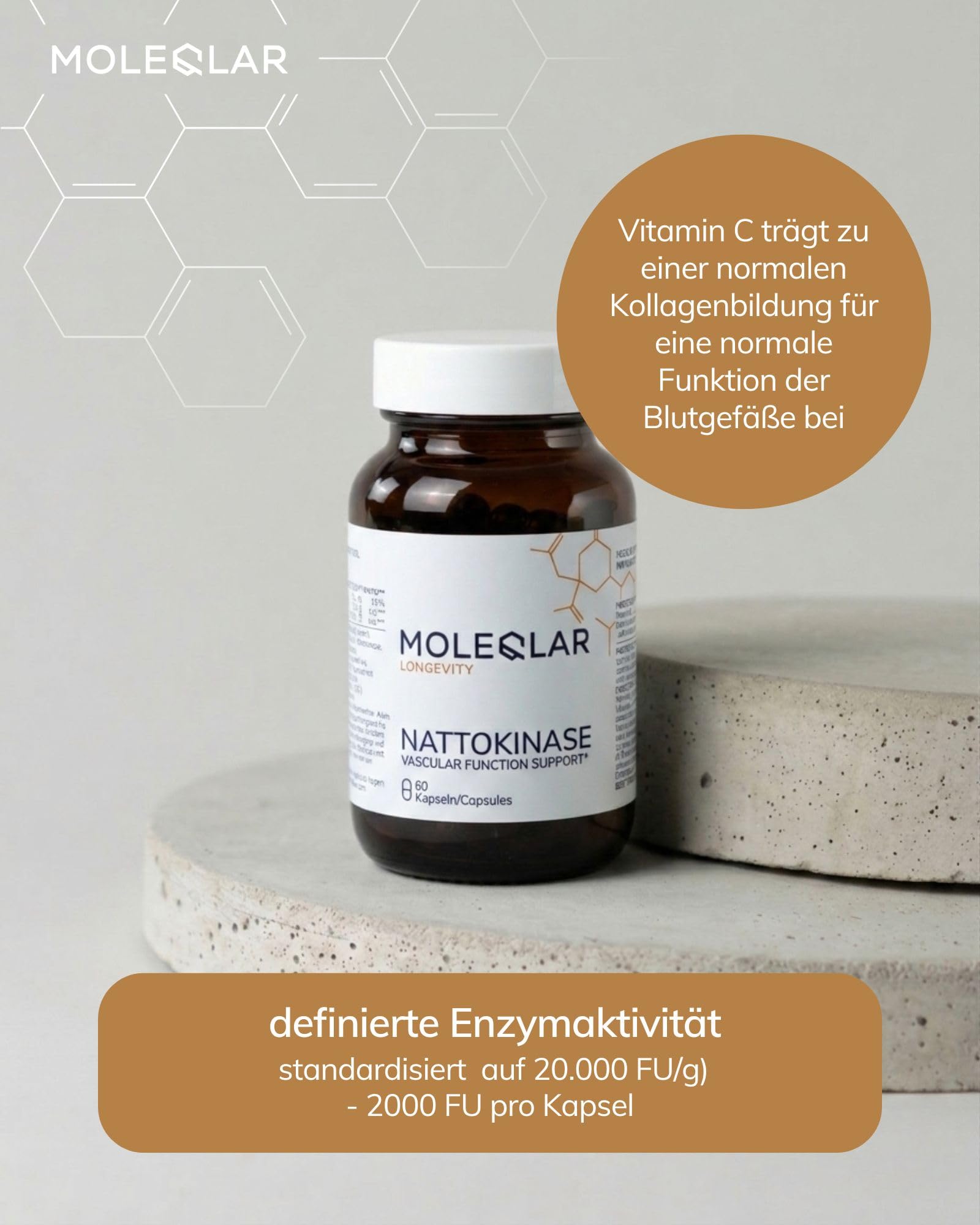 MoleQlar Nattokinase Kapseln 60 Stück - 2000 FU Nattokinase pro Kapsel mit Vitamin C - aus fermentierten Sojabohnenextrakt - 60 Kapseln für 60 Tage Vorrat