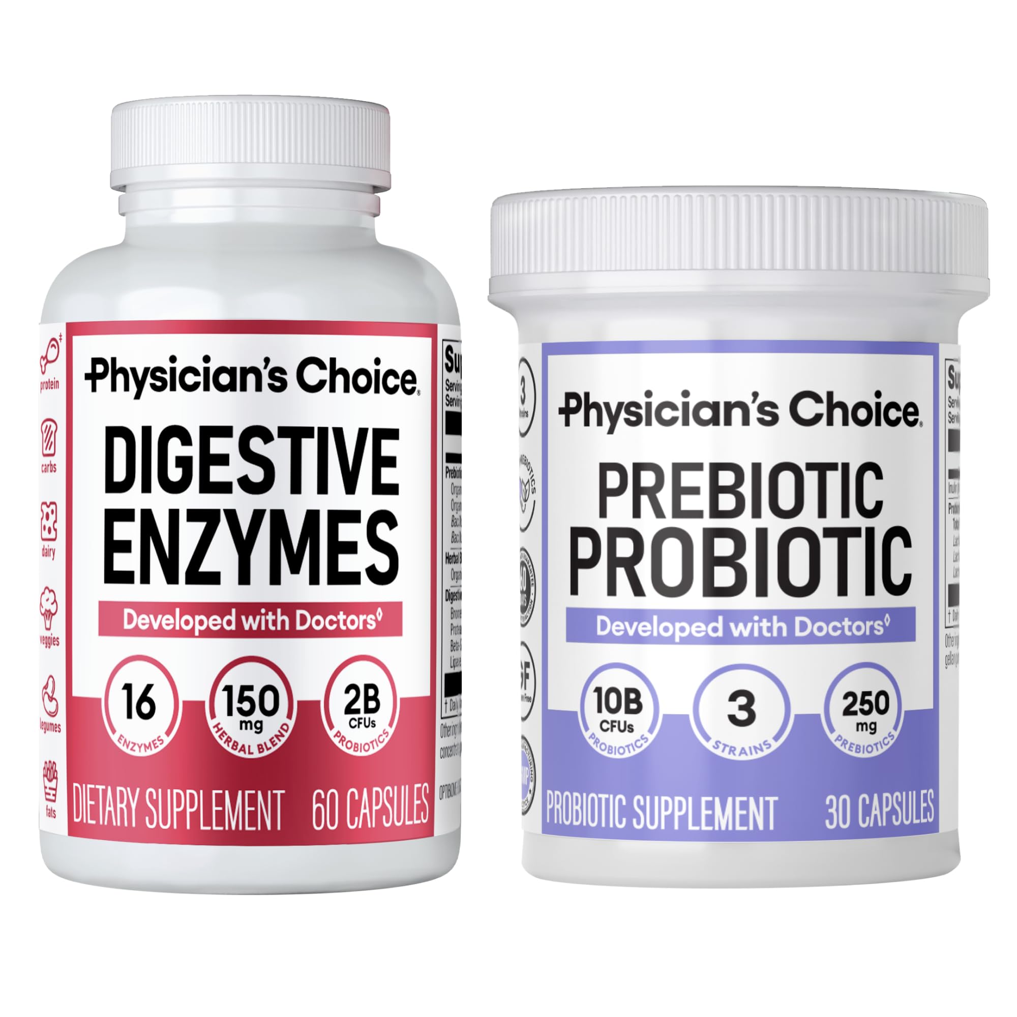 Physician's CHOICE Suplemento prebiótico e probiótico com enzimas digestivas, inulina 250 mg e probióticos 10 bilhões de UFC, 60 cápsulas