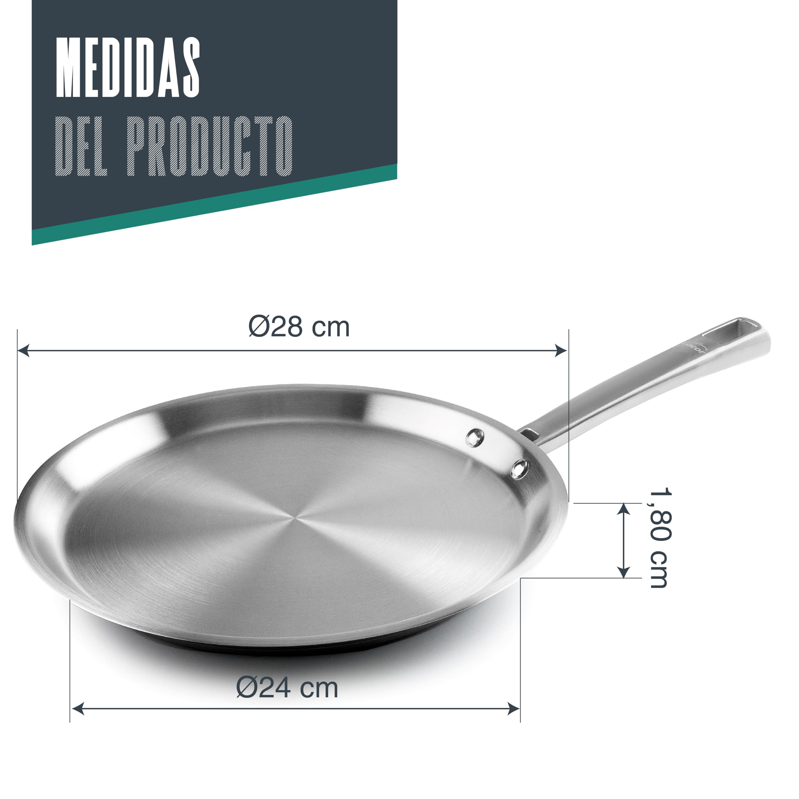Lacor - 45829 - Crepera Foodie, Acero inoxidable 18/10, Sin PFOA, Mango Ergonómico, Fondo Termodifusor Sandwich, Apta para Inducción Y Apta para Lavavajillas, Ø28 cm