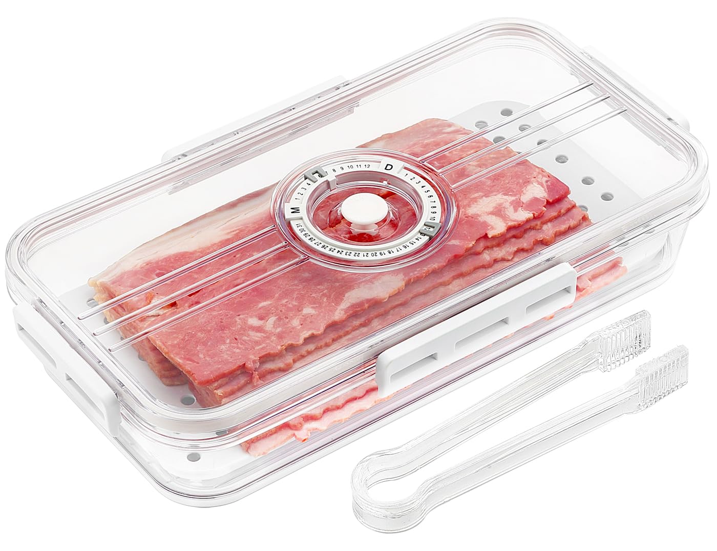 Bacon Storage Container with Air-sealed Tight Lid for Fridge Bacon Holder Deli Meat Cheese Keeper with Food Serving Tongs and Drain Plate for Refrigerator