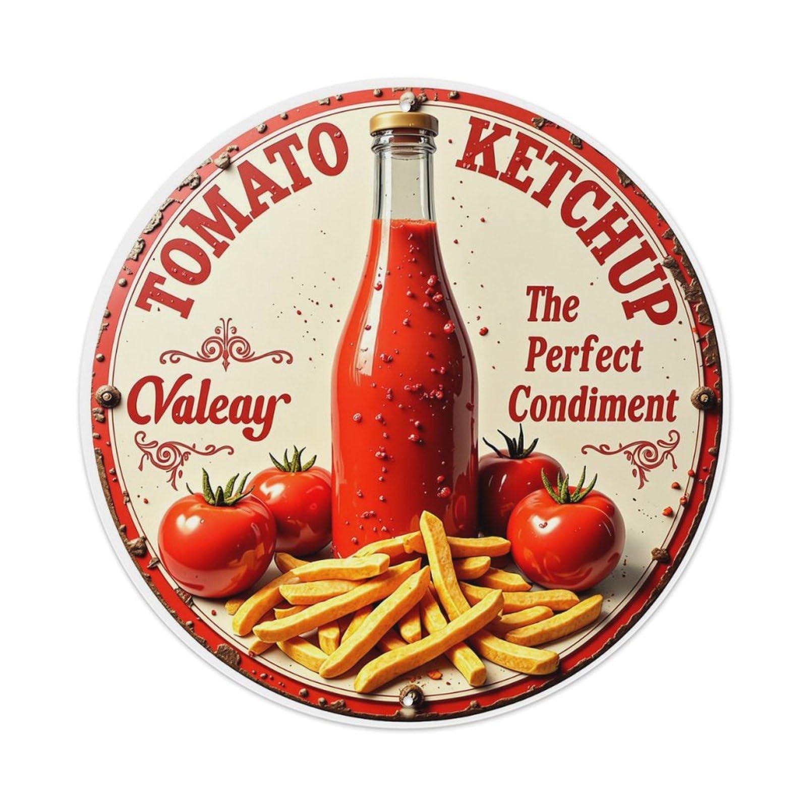 Tomato Ketchup Bottle Fries Tomatoes Retro Metal Sign Round Tin Sign, Vintage Decor Art Poster for Bar, Home, Man Cave, Kitchen, Laundry Room Gift 8x8Inch