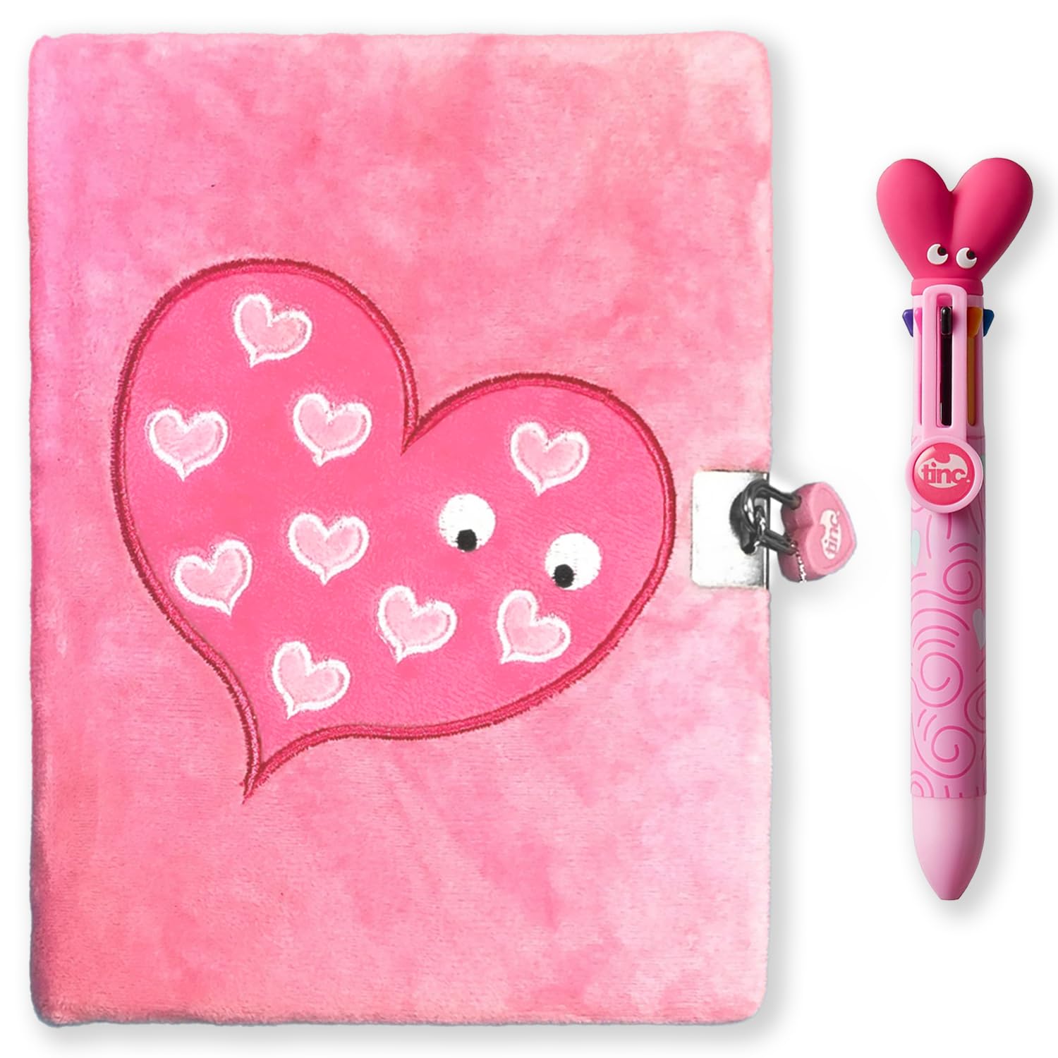 Tinc 6-in-1 Multicolour Retractable Pen + Lockable A5 Journal Notebook with Padlock & Key- Pink Heart Mallo Design - Kids Stationery Writing Set for School, Home & Gifts