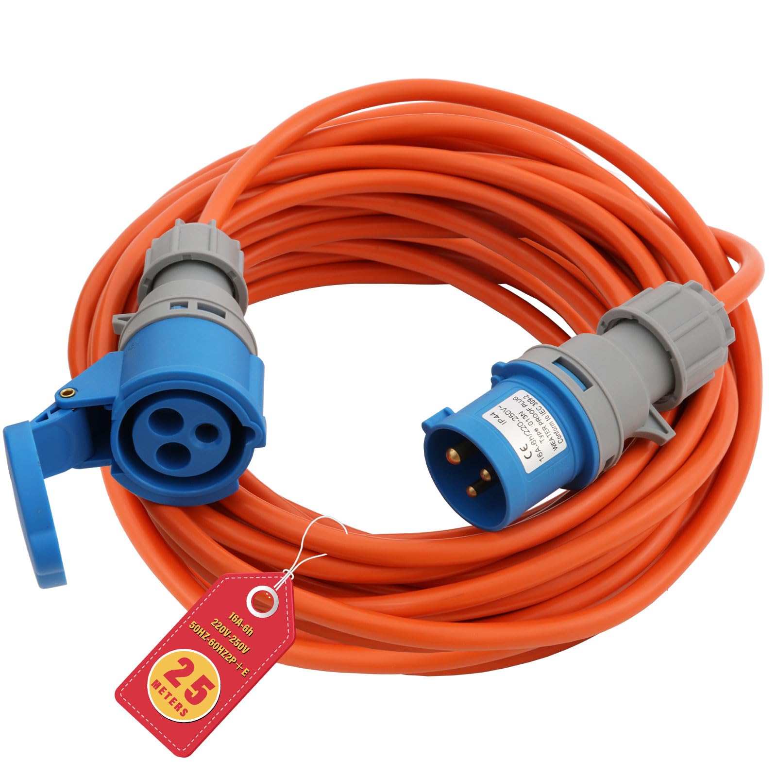 25m CEE Verlängerungskabel 16A, 240V Camping Kabel Orange, IP44 Außenbereich Stromkabel mit CEE Stecker, Robustes Wohnwagen Verlängerungskabel für Camping, Caravan und Outdoor