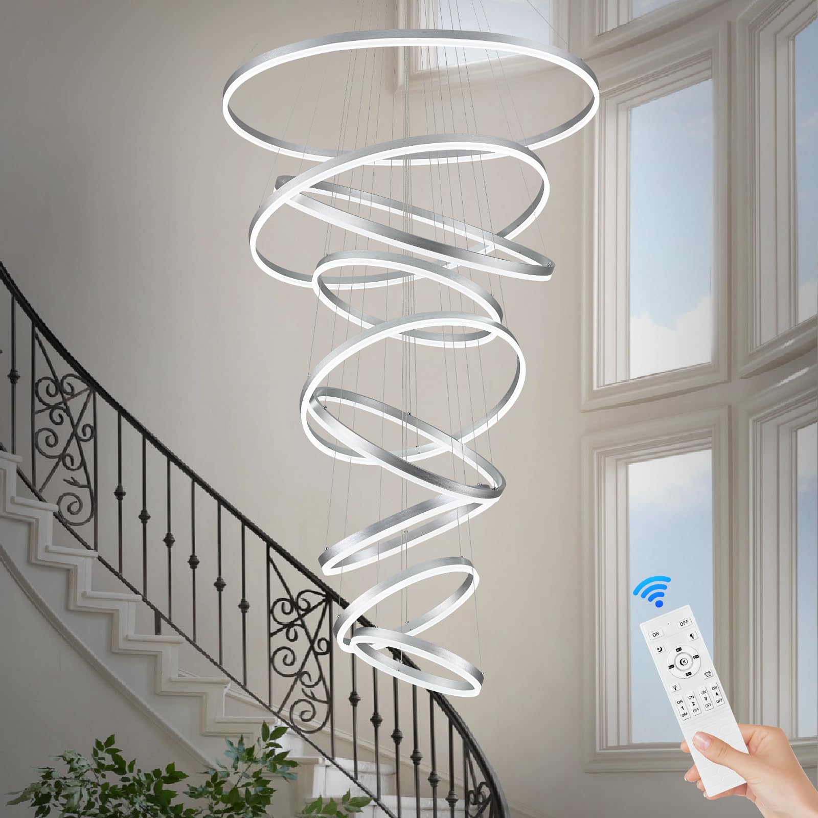 Benkut 9 Rings Modern LED Chandelier Silver Dimmable Large Foyer