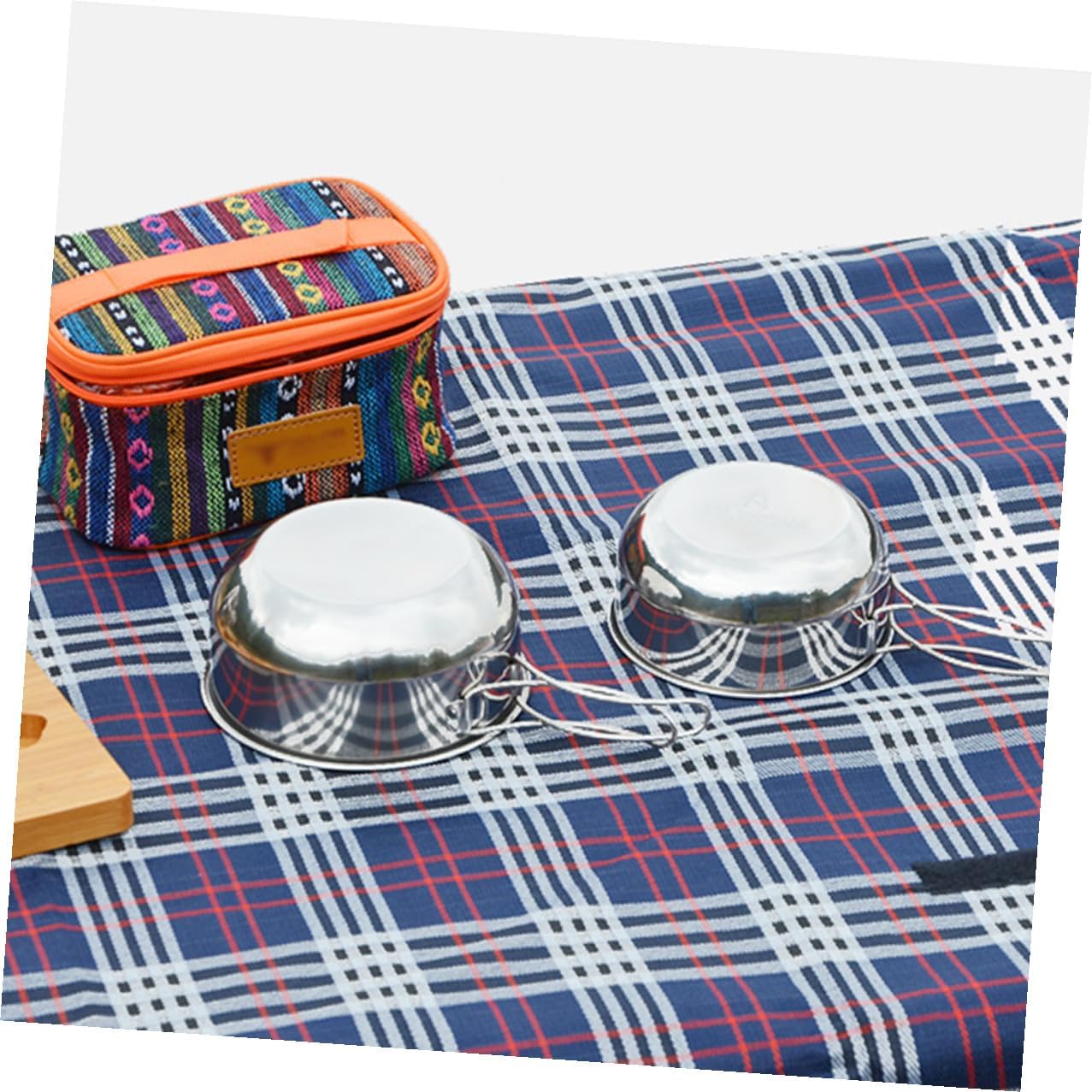 Outdoor Camping Bowl Set 3pcs 304 Stainless Steel Foldable Handle Metal Food Bowls with Mesh Bag for Hiking Picnic Barbecue