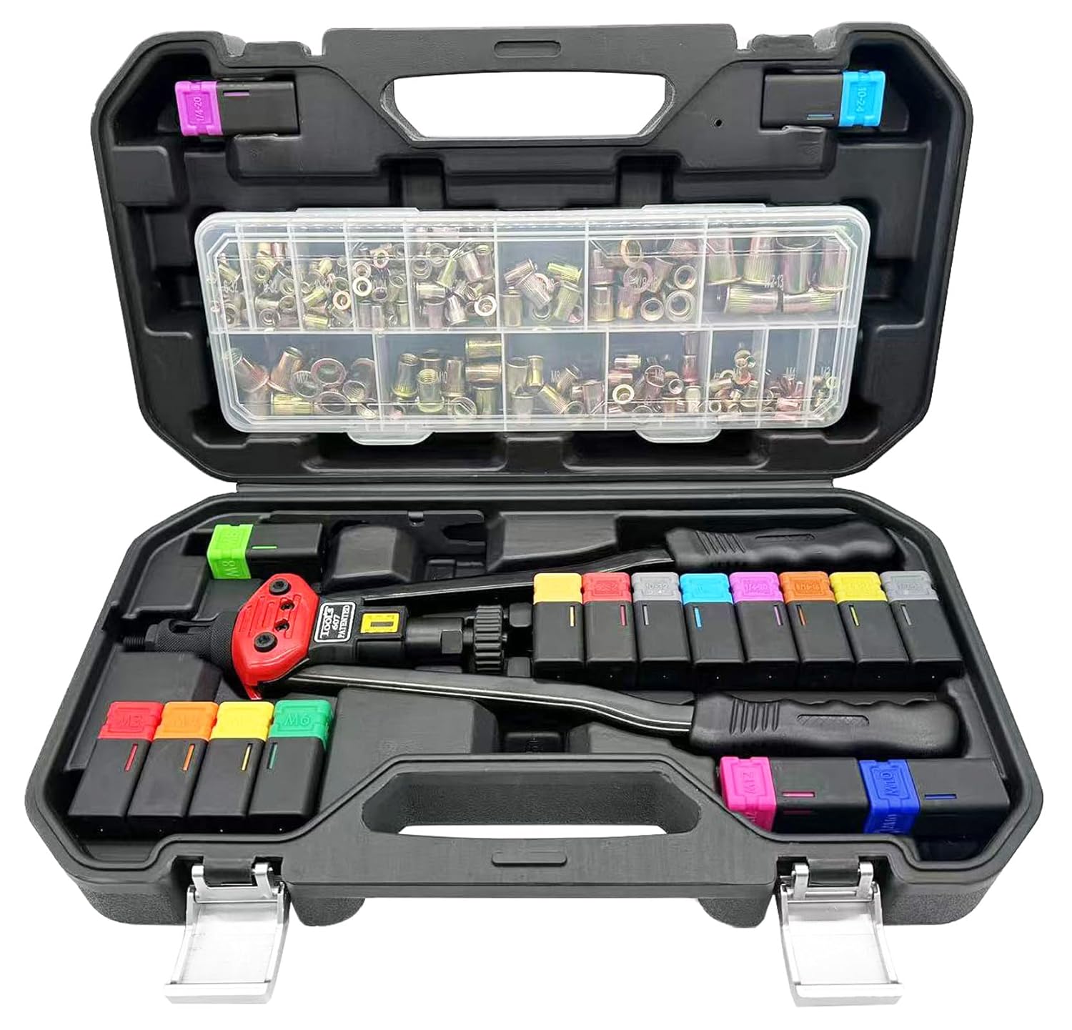 16-Inch Rivet Nut Tool Kit, with17 Metric and SAE Mandrels, 256Pcs Assorted Rivet Nuts, and Rugged Carrying Case