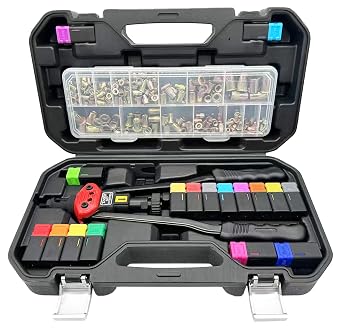 16-Inch Rivet Nut Tool Kit, with17 Metric and SAE Mandrels, 256Pcs Assorted Rivet Nuts, and Rugged Carrying Case
