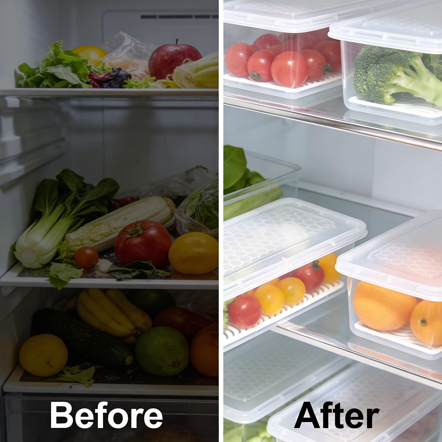 PEARLPET Plastic Fridge Storage Boxes (Pack Of 6, Fridge Organizer With Removable Drain Plate Fridge Storage Containers Keeps Fruits, Meat, Fish Fresh Longer 1500 Ml Container Box, Transparent) 3