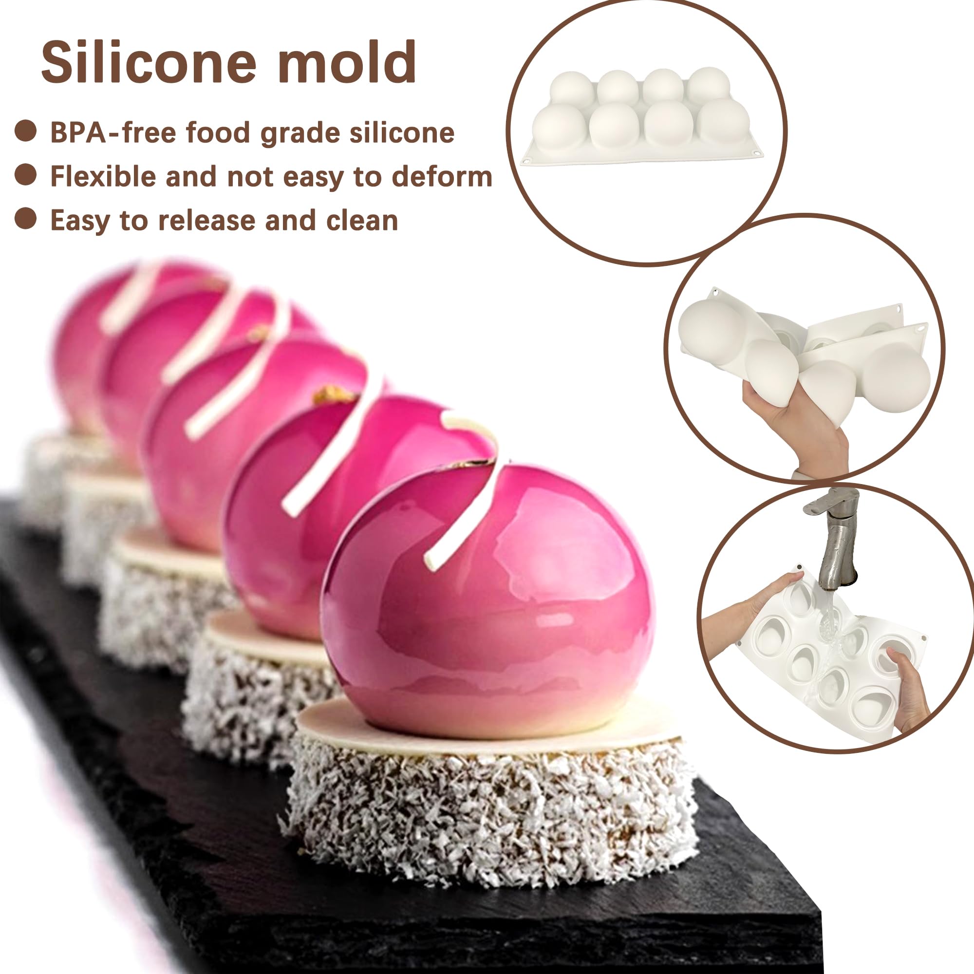 duoyif Schokoladenformen Kugel Silikonform 8Löcher 65mm Kugelform Dome-Mousse Silikonform Ball Kugel Backform Für Schokoladen Kugeln Kuchen Dessert Deko Bonbons Eiskugeln (Weiß, 8Löcher Ø65mm)
