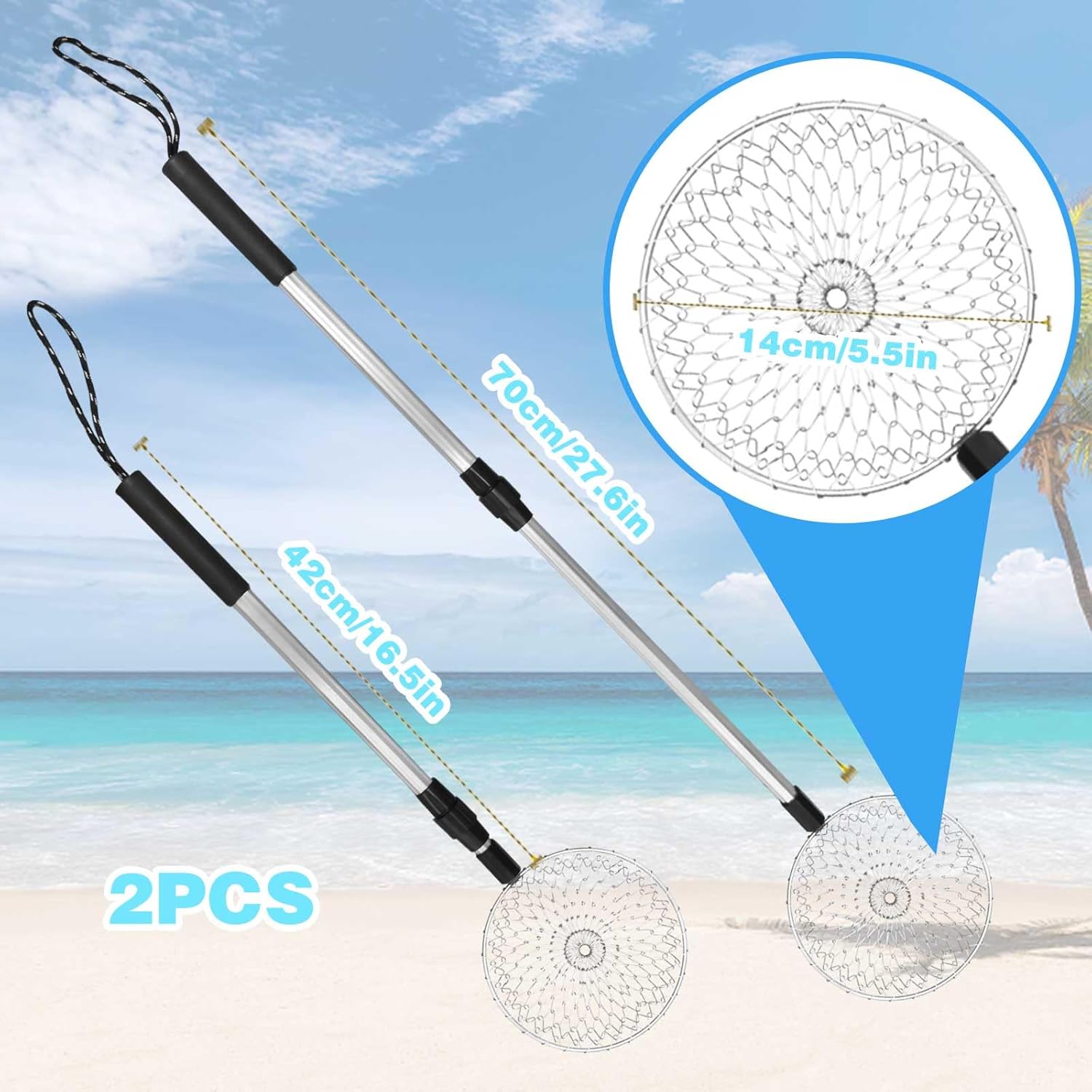 2Pcs Sand Sifter for the Beach, Shark Tooth Sifter Shell Scooper Sand Shovels, Retractable Beach Sand Sifter Shell Tool, Rock Scooper for Kids Girls Boys Picking Up Shells Beachcombing & Rock Hunting