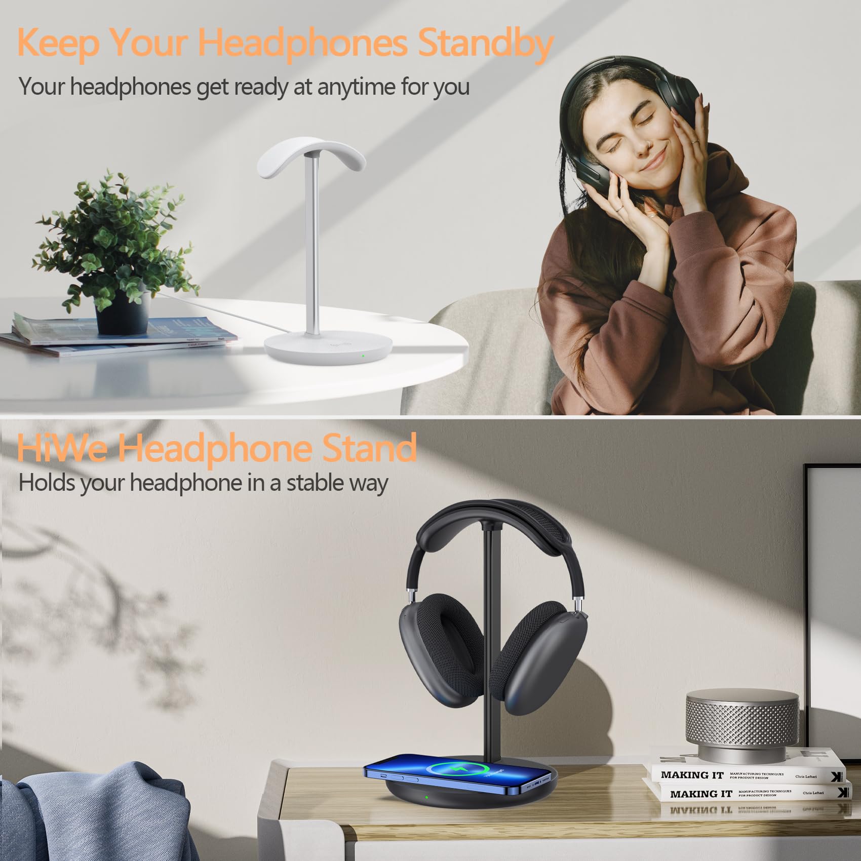 Supporto per cuffie con caricabatterie wireless, supporto per cuffie da gioco, 2 in 1, stazione di ricarica wireless per iPhone 15/14/13/12/11, Samsung, AirPods Pro/3/2 e tutte le cuffie, nero