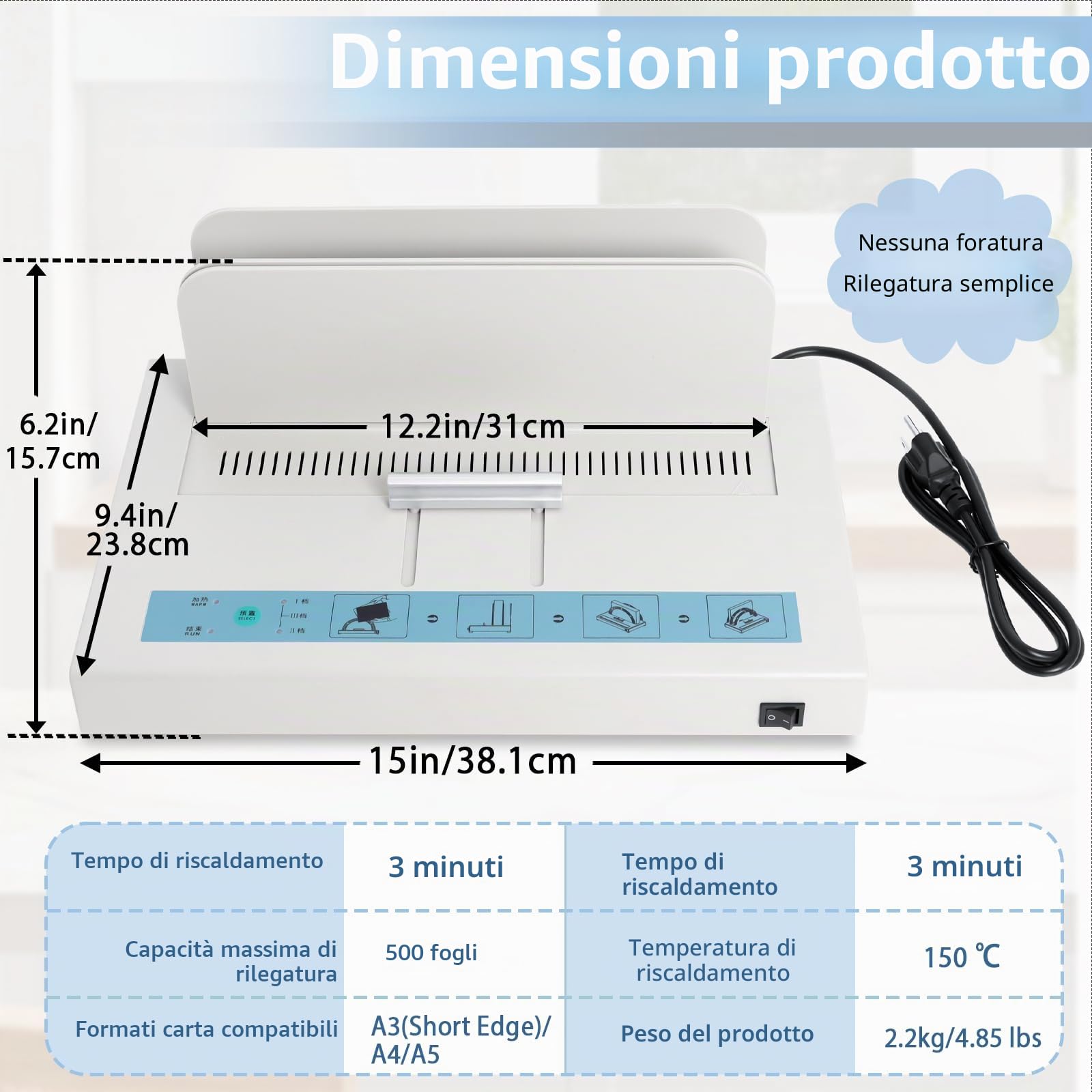 Macchina per rilegatura termica 500 fogli di capacità libro materiale di rilegatura 110 V Macchina per rilegatura A3 (bordo corto)/A4/A5 Raccoglitore di calore per documenti