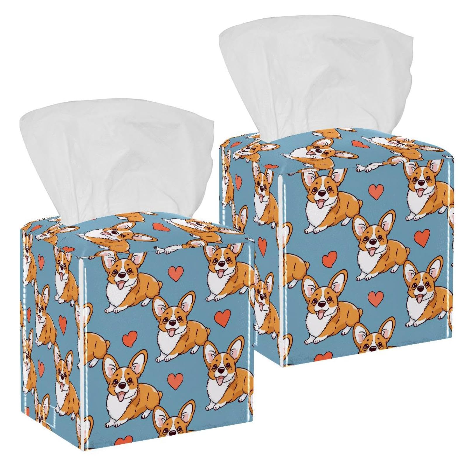 Dog Corgis Hearts Tissue Box Cover, 2 Pack PU Leather Square Facial Tissue Dispenser Box holder for Home Office Car
