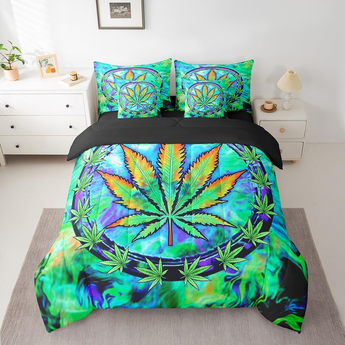 7 Pieces Queen Size Cannabis Leaf Comforter Set,Marijuana Weed Psychedelic Bedding Set for Boys Girls,Tie-dye Graffiti Trippy (Comforter+Fitted+Flat Sheet+2 Pillowcases+2 Throw Pillow Covers)