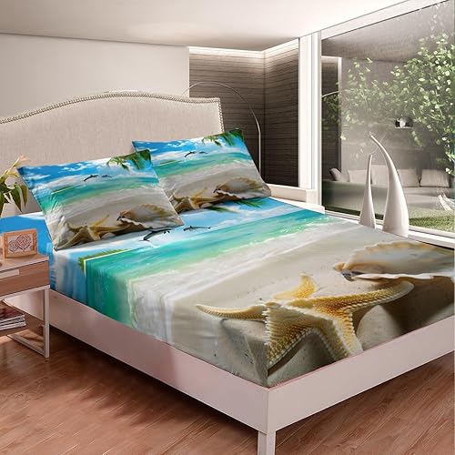 Miniatura 3 de Erosebridal Sábana bajera ajustable con temática oceánica tamaño Queen, juego de ropa de cama con estampado de conchas y estrellas de mar, diseño de