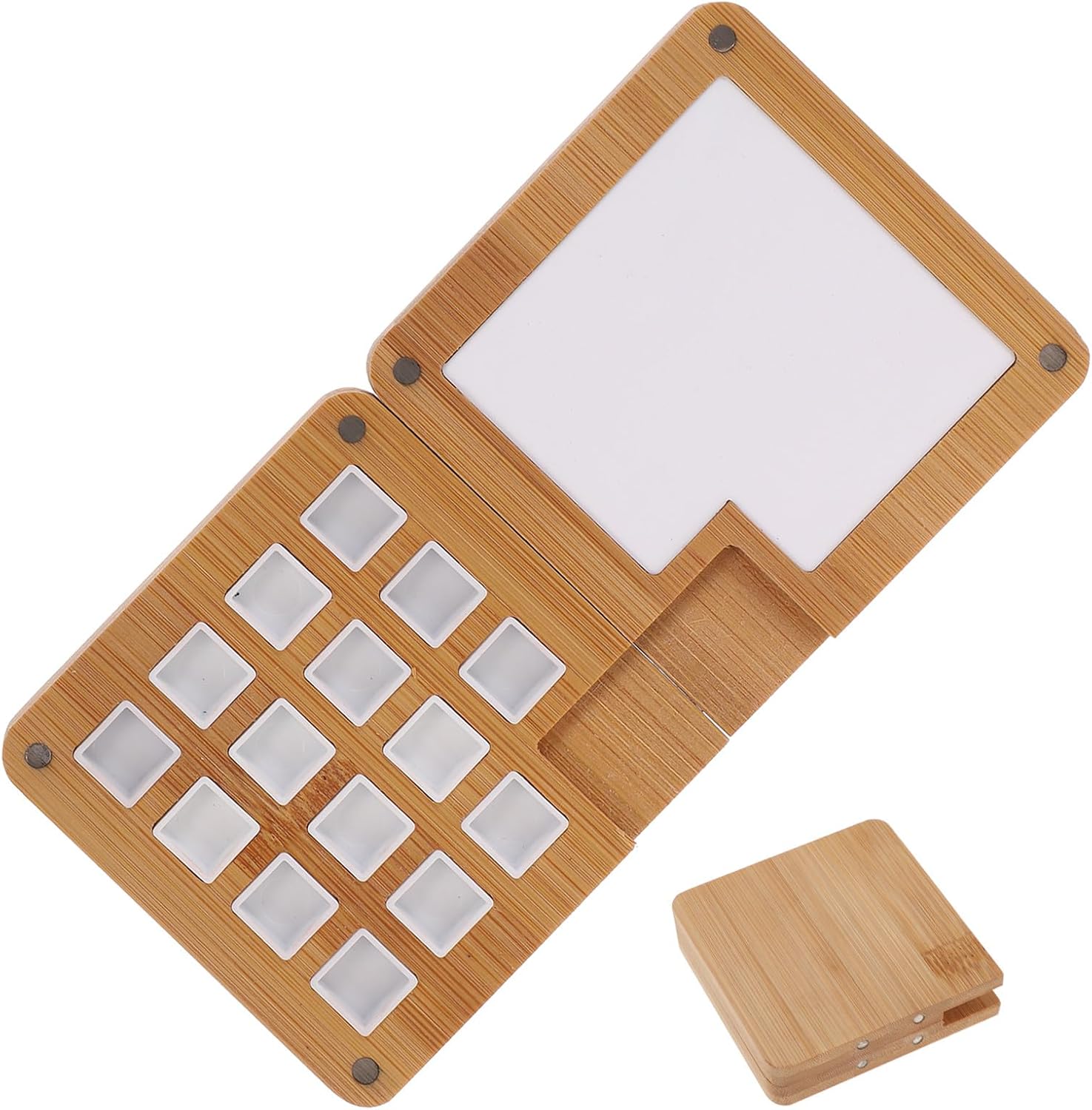 Hemobllo Portable Wooden Watercolor Pigment Mixing Case 15-Grid Paint Tray with White Compartments for Artists and Painters