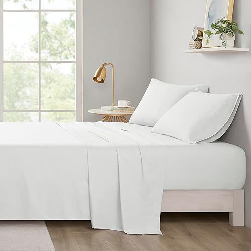 Intelligent Design Microfiber Bed Sheet Set Wrinkle Resistant, Soft Sheets with 12" Pocket, Modern, All Season, and Cozy, Matching Pillow Case, King, White, 4 Piece