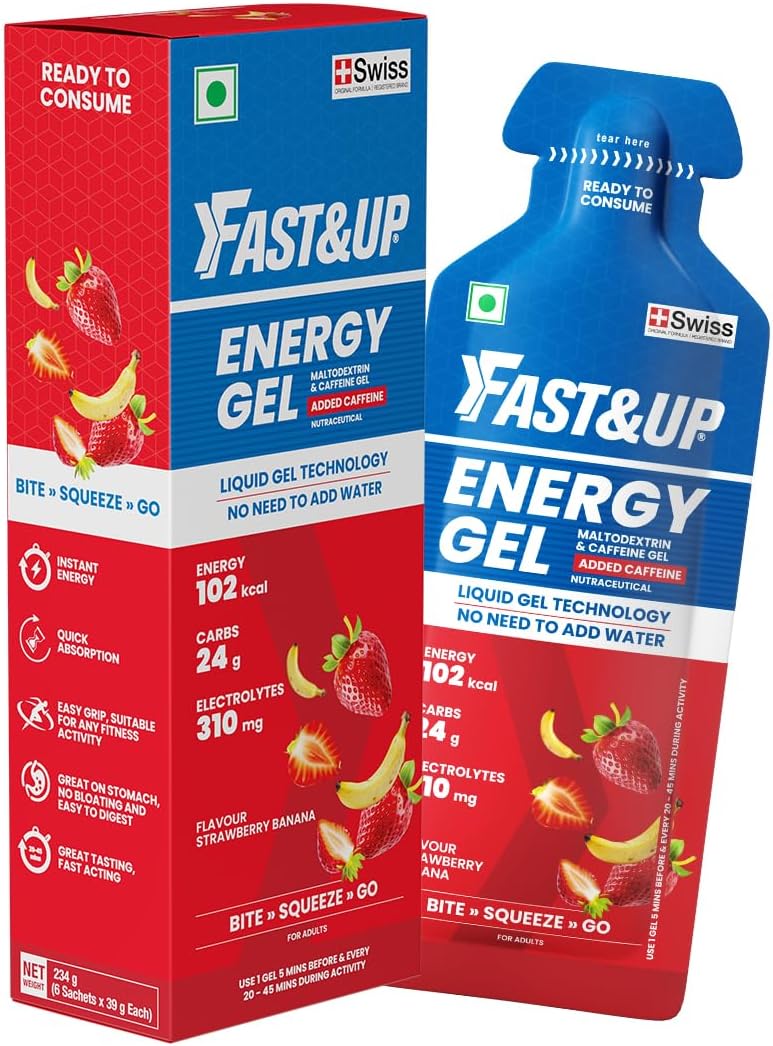 Fast&Up Energy Gel- Strawberry Banana flavour (Caffeinated) - Pack of 6 Gel Sachets, 39g per sachet- For Instant energy boost, Improved endurance and performance
