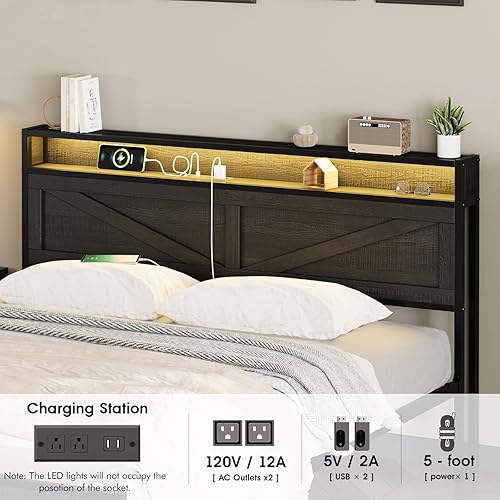 Miniatura 49 de Base de cama LED tamaño Queen con estación de carga y 4 cajones, plataforma de metal con cabecero de puertos USB, marco de cama de granja con luces