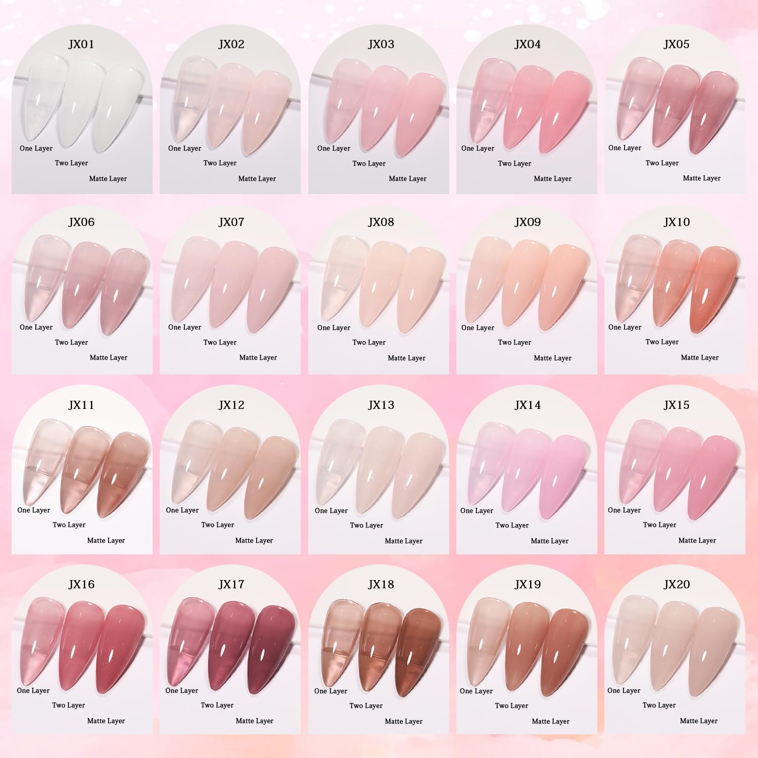 Juego de 24 esmaltes de uñas de gel Jelly Nude con esmalte de gel de colores rosa transparente con capa superior brillante y mate y capa base para arte de uñas, manicura y pedicura en casa 2