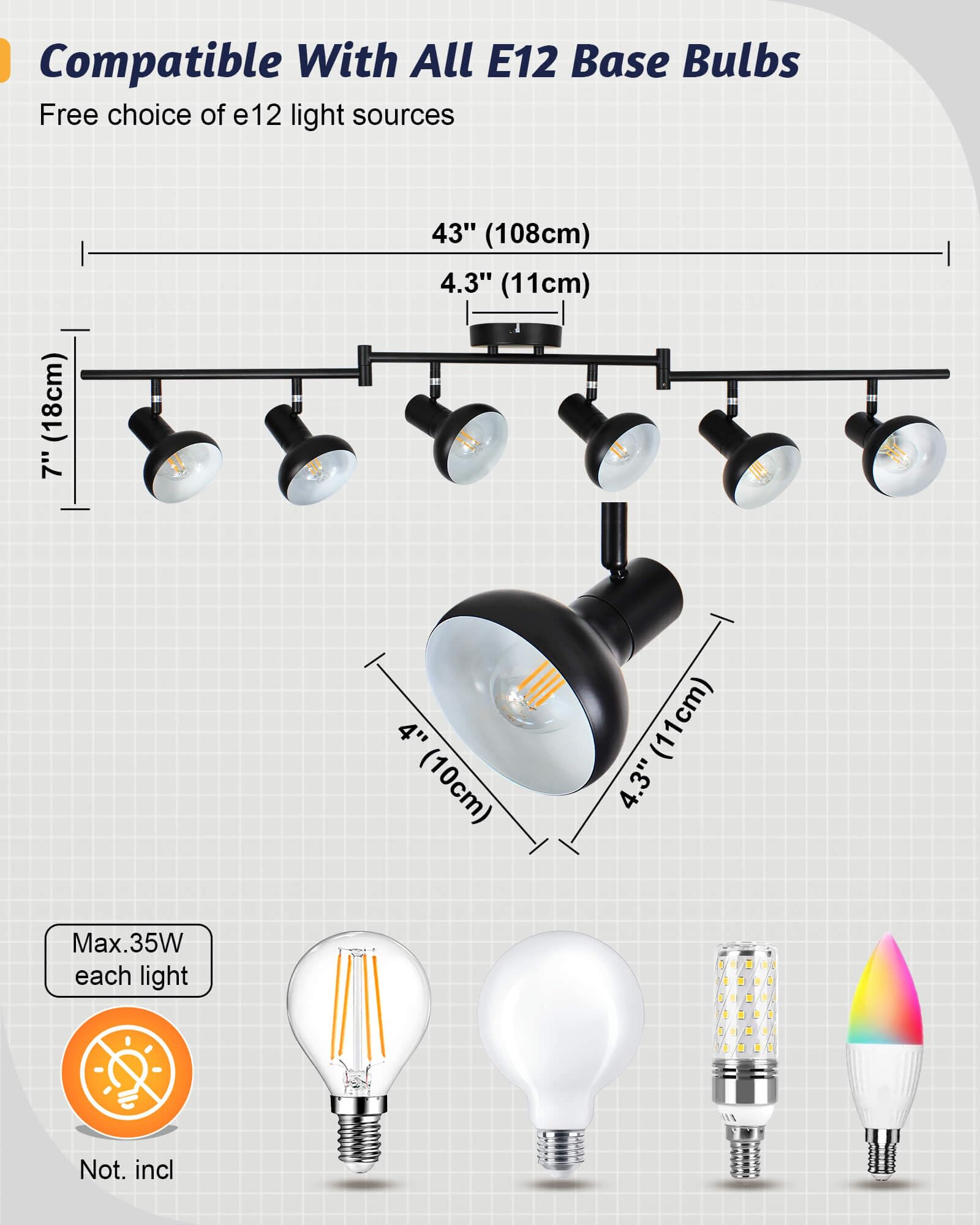Iluminación de pista de 6 luces, lámpara de techo giratoria direccional, foco negro de granja para cocina, sala de estar, oficina, base E12 (bombillas no incluidas) 6