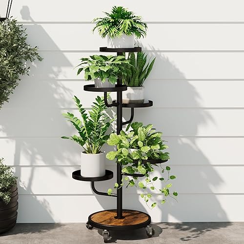 Bamworld Tall Plant Stand Indoor Outdoor Metal Plant Stands with Wheels 5 Tiered Corner Plant Holder Heavy Duty Flower Stand for Multiple Pots