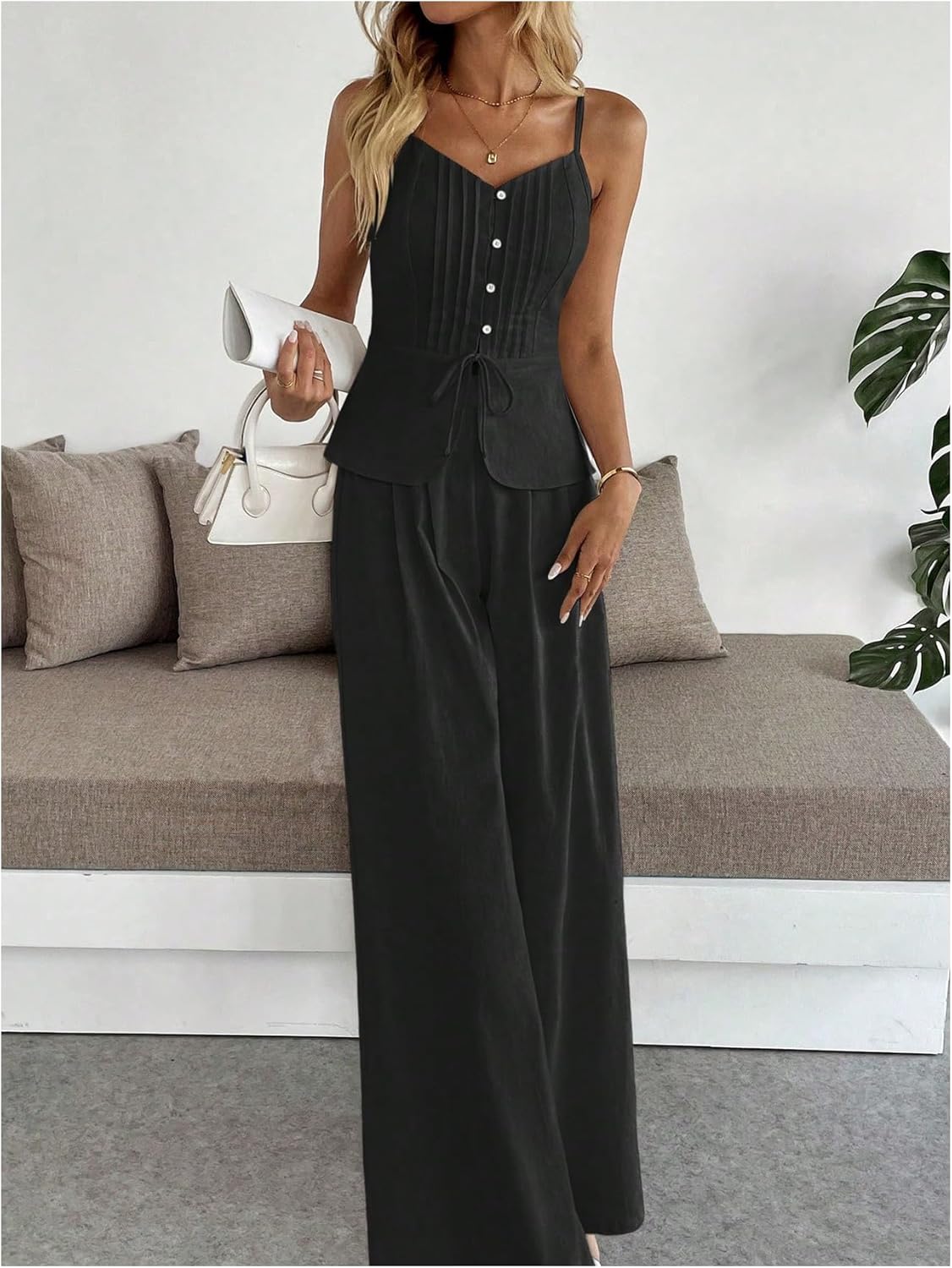 SOLY HUX Women's 2 Piece Summer Outfit Button Down Peplum Cami Top and Wide Leg Pants Set - Image 5