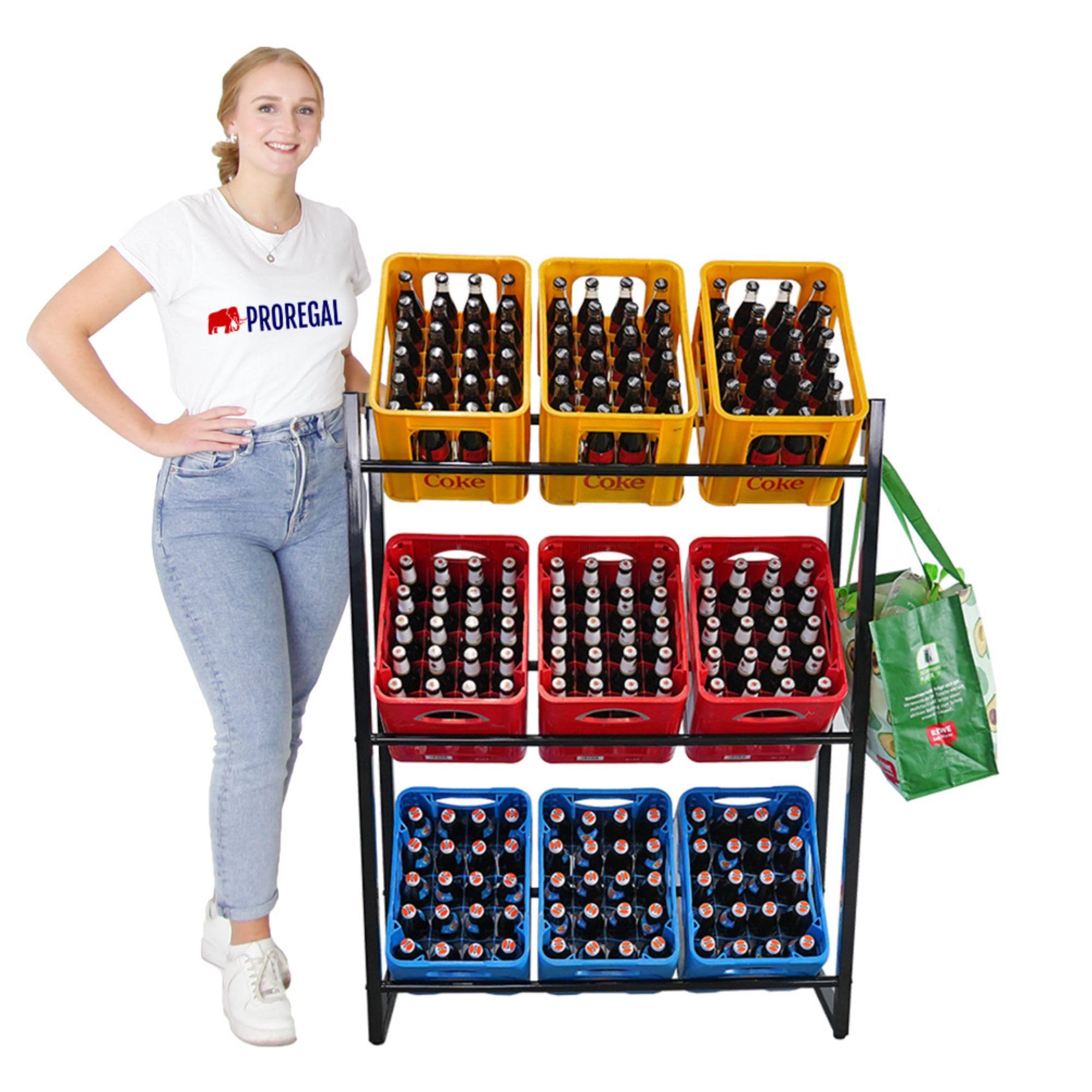 PROREGAL Getränkekistenregal KÖNIGSSEE XL PLUS mit 6 Auflageträger & 2 Haken | HxBxT 137x105x32 9 Kisten auf 3 Ebenen | Höhenverstellbare Füße | Schwarz Getränkeregal Wasserkistenregal Bierkistenregal