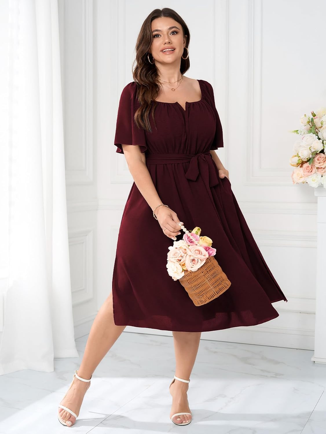 Women Plus Size Cocktail Dress Short Sleeve Square Neck Belted Elegant Flowy A Line Midi Dresses with Pockets - Image 3