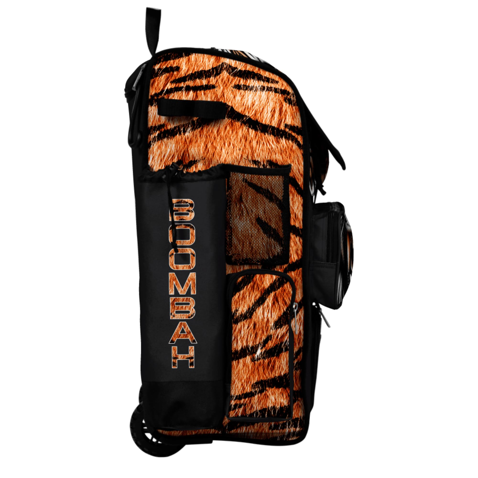 Boombah Rolling Superpack Baseball/Softball Gear Bag - Telescopic Handle - Holds 4 Bats - Wheeled Version - Tiger Black/Orange/White