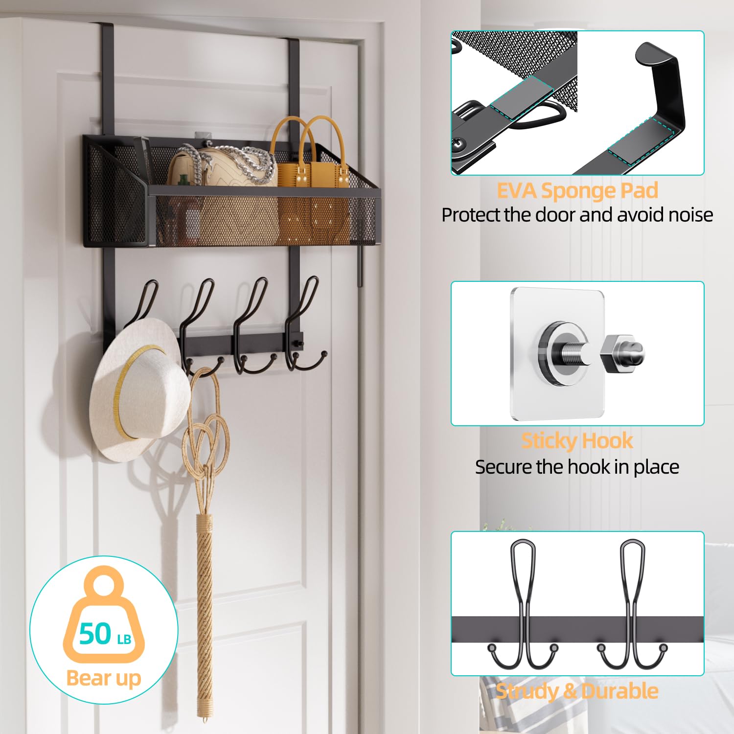 Upesitom Over The Door Hooks Organizer with 12 Hooks, Over The Door Storage Rack with Mesh Basket,Back of Door Storage Organizer Over The Door Hanger for Bedroom,Bathroom,Kitchen, Pantry, Black
