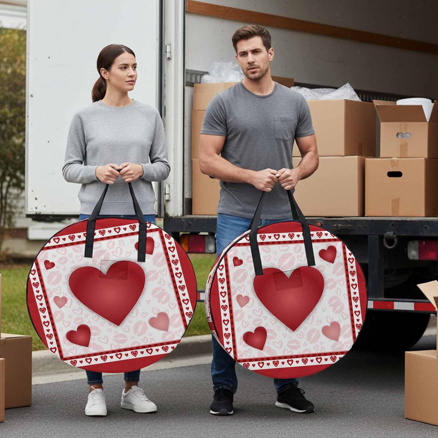 Sexy Lips Round Storage Bag 36 Inch, Heart Shaped Happy Valentine's Day Clothes Storage Container with Handles Heavy Duty Organizer for Comforter, Bedding & Holiday Wreaths