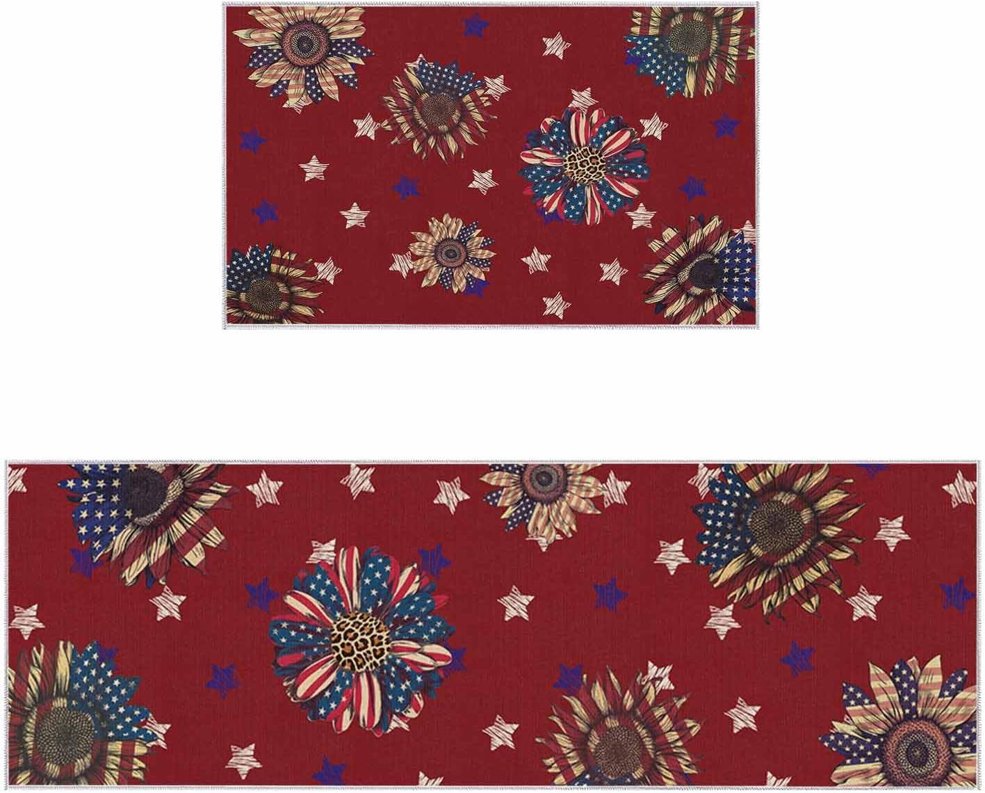 2 Pieces Kitchen Rugs and Mats,Independence Day American Patriotic Floral Star Area Runner Rug Set Non Slip Floor Doormat Washable Carpet Standing Mat for Kitchen Sink Indoor Corridor,USA Flag on Red
