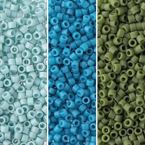 Miyuki Paquete de cuentas de semillas Delica tamaño 110, colección de paletas opacas mate azul verde DB375, DB798, DB1585-3 tubos de 0.25 oz ea