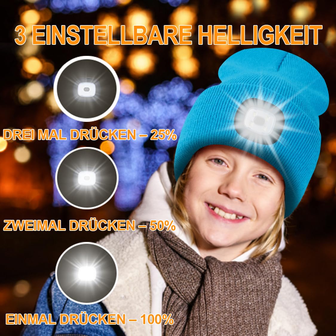 Deilin Czapka ze światłem LED, dla dzieci, ładowana przez USB, czapka z dzianiny z 4 diodami LED, uniseks, zimowa, ciepła czapka z latarką, Boże Narodzenie, festiwal, prezent dla chłopców i dziewczynek, A Black, jeden rozmiar