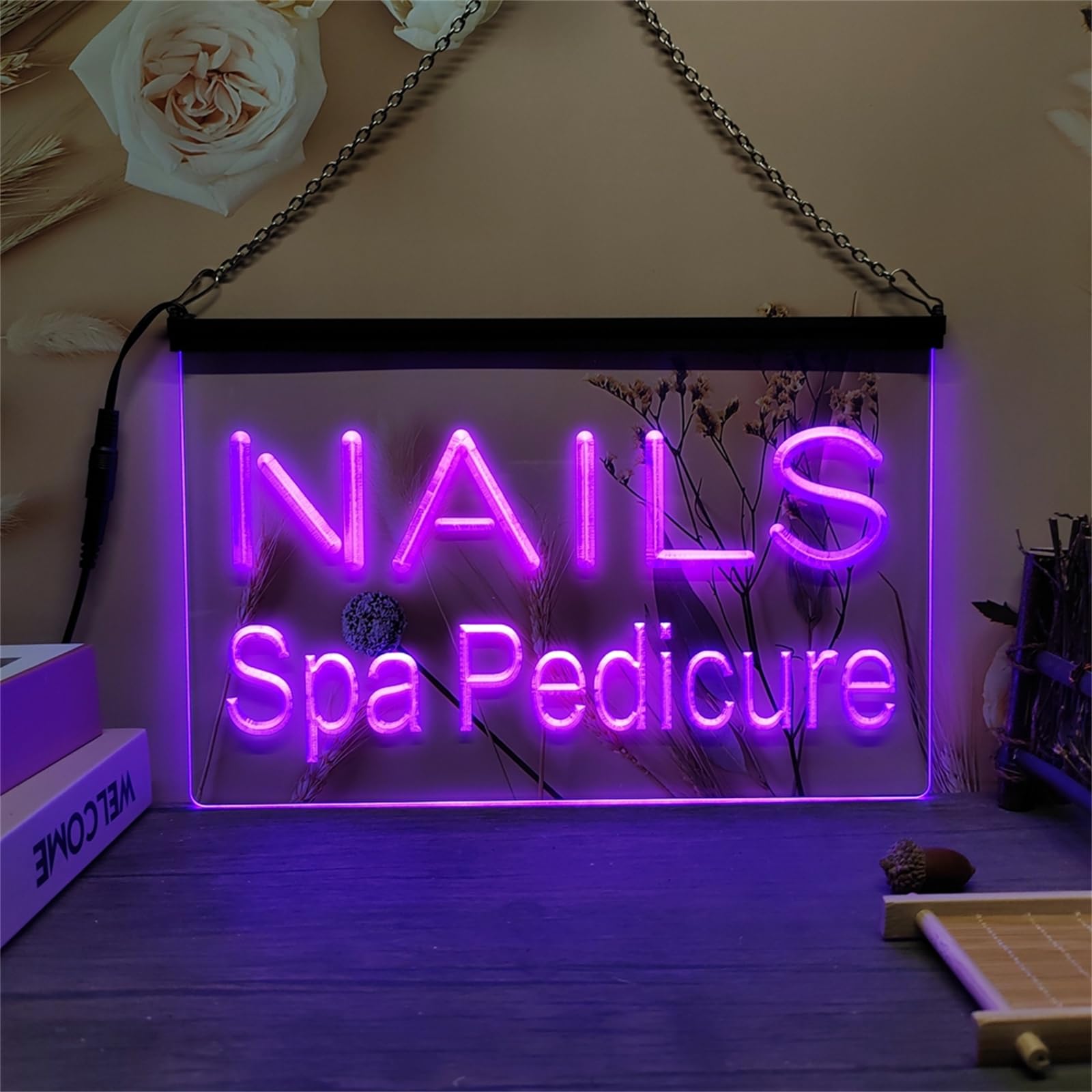 KEYQEEN Nails Spa Pedicure LED Neon Sign, Beauty Salon 3D Carving Neon Lights for Business Room Wall Decor USB Luminous Signs,Purple,60x40cm