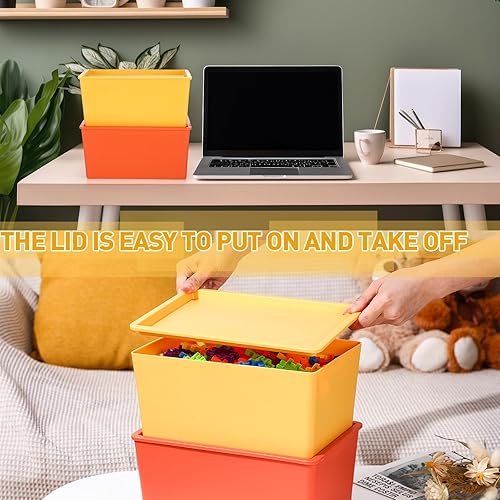 Miniatura 5 de Menkxi 4 contenedores de almacenamiento grandes y coloridos con tapa de 10.6 x 7.5 x 4.7 pulgadas, cesta de almacenamiento de plástico apilable,