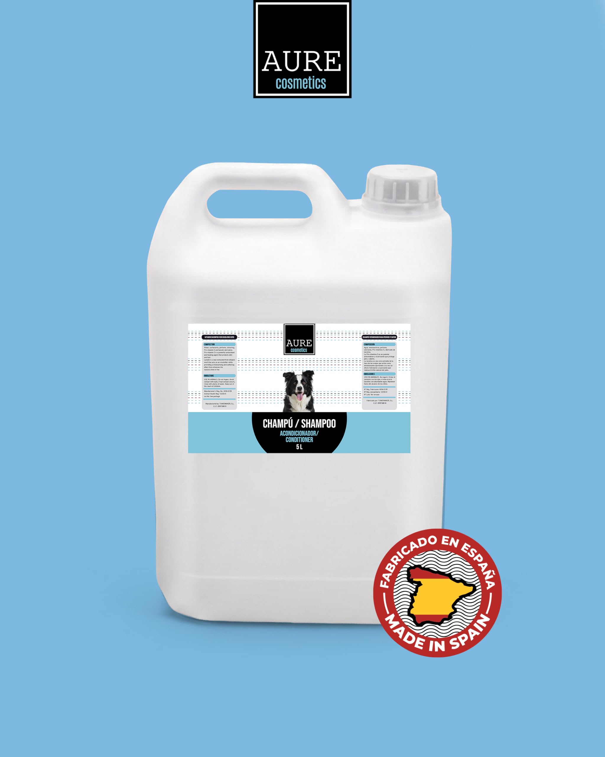 AURE - Champú Acondicionador para Perros y Gatos 5 L. Champu Perro 2 en 1 con Provitamina E, pH Neutro, Desenreda y Aporta Brillo. Champu gatos Uso Frecuente, Ideal para uso doméstico