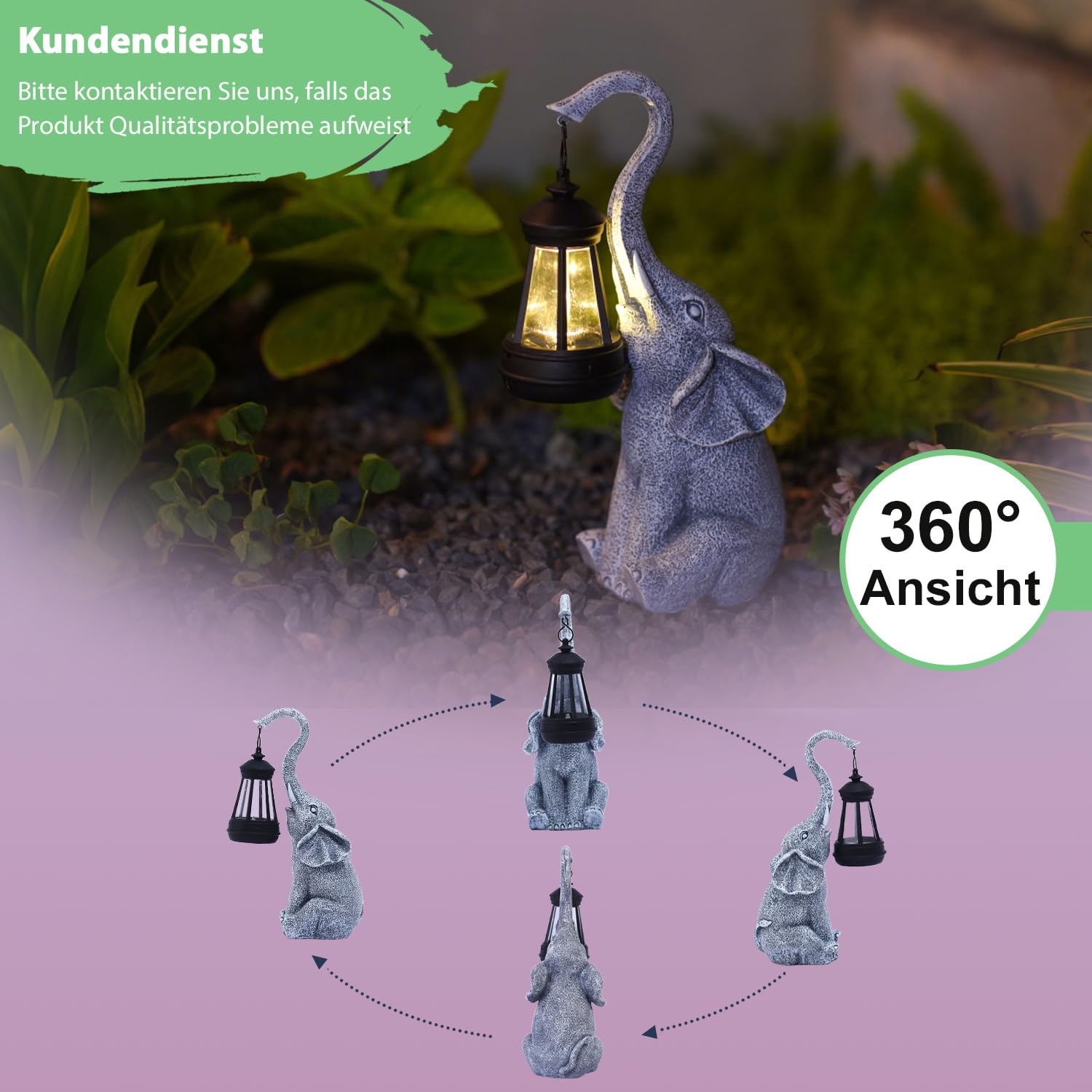 Yeomoo Elefanten Deko mit Solar Laterne Gartenfiguren - für Außen Gartendeko mit Wetterfest LED Solarlampe für Balkon Garten, Geschenke für Frauen Männer Mama Geburtstagsgeschenk Grau