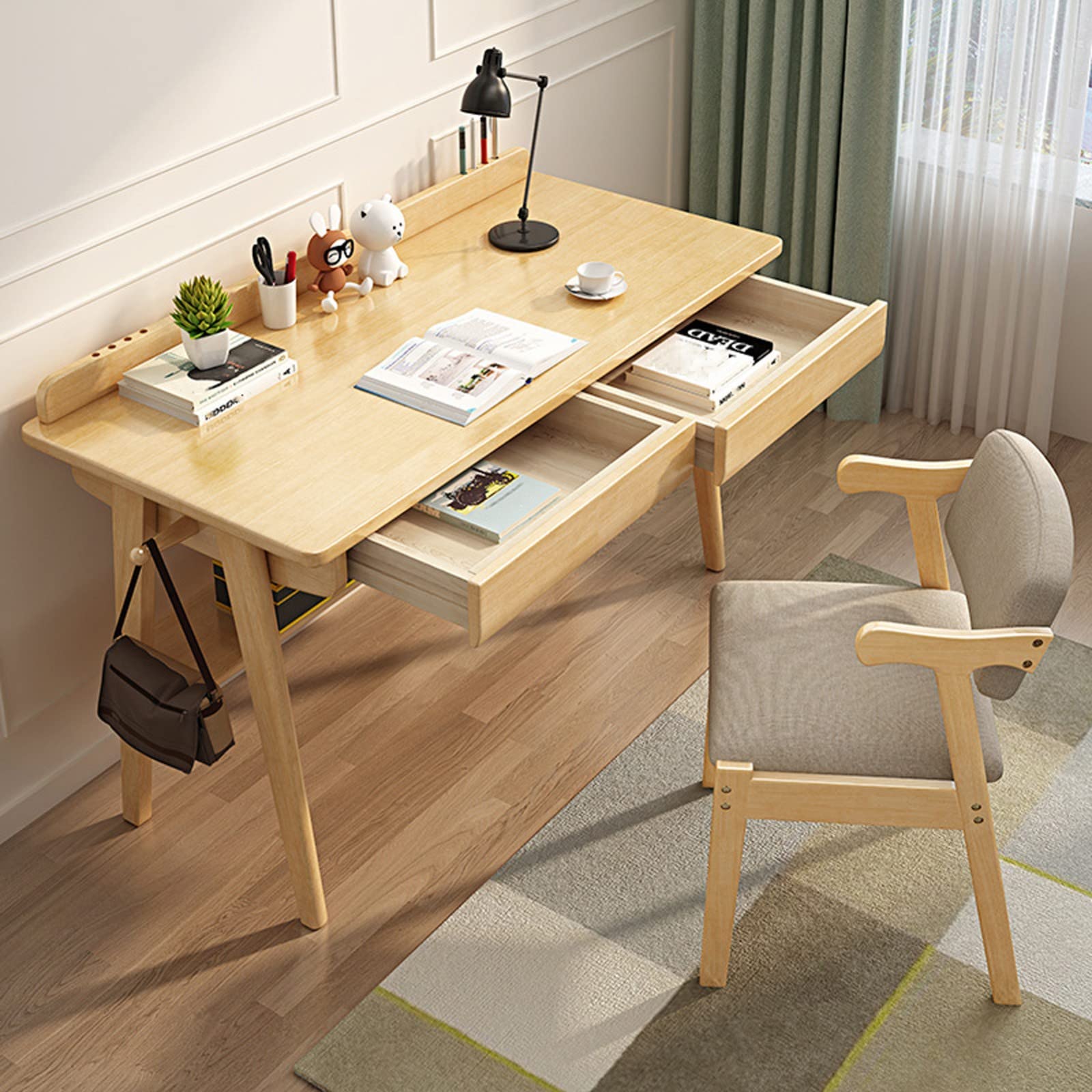 SDdPulse Escritorio de madera maciza, escritorio simple de madera para computadora con cajón, escritorio moderno y duradero para escuela, familia o sala de estudio. Una silla, 140 cm, A-120 cm