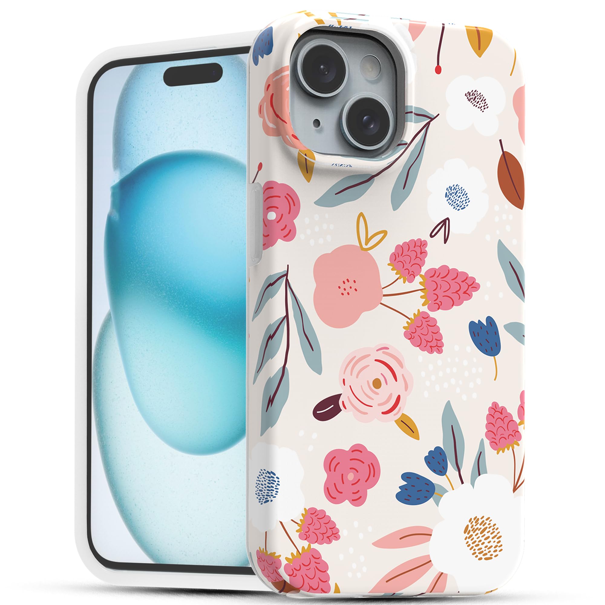 RANZ Floral Case for iPhone 15, Slim Glossy Scratch-Proof Case for iPhone 15 (6.1") - Raspberries and Flowers