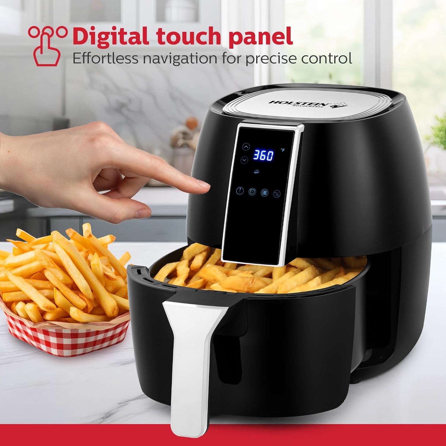 Holstein Housewares 3.7QT Digital Air Fryer. Hot Air Technology & PFOA Free Non Stick Coating for Less Oil Use with Led Display. 7 preset options, Air Fry, Bake, Grill, Dehydrate & roast. Black Black 3.7 QT