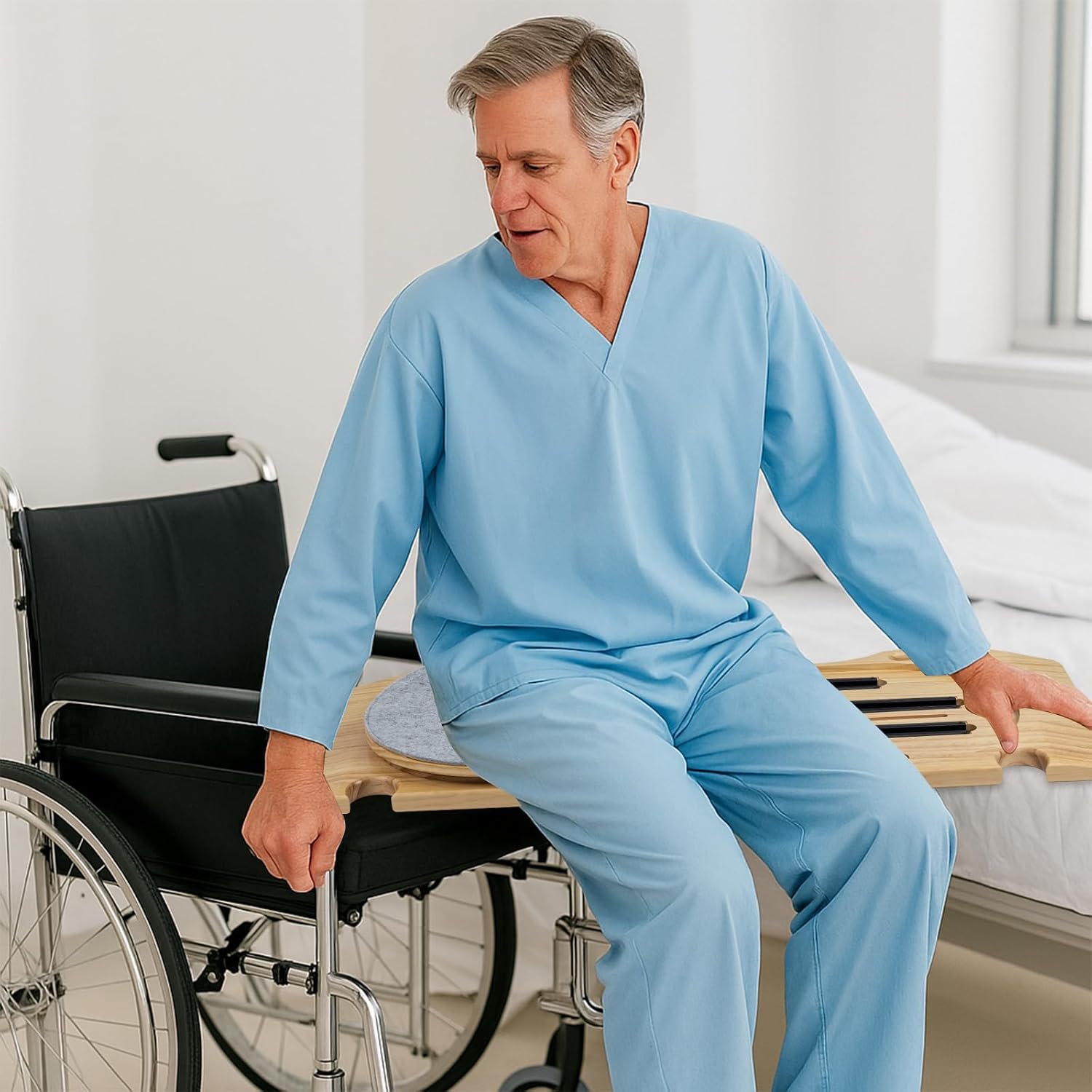 Sliding Transfer Board, 31.5 x12.6" Wooden Conveyor Board with Stainless Steel Track Pulley Turntable, Turntable Can Rotate 360 Degrees, Bearing Up to 500 Pounds, Suitable for Wheelchair Users